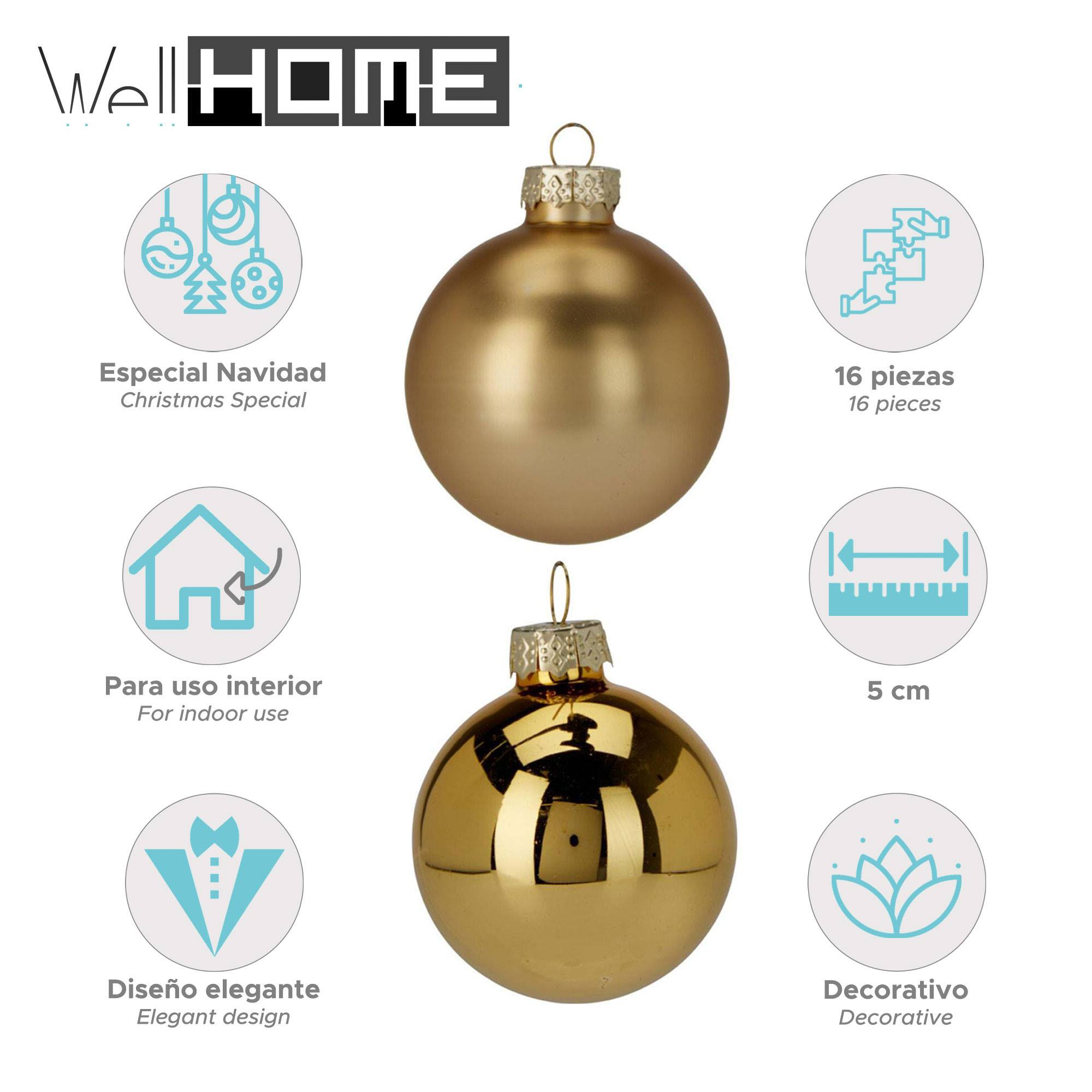 La imagen muestra adornos navideños dorados, detalles del producto y un logotipo. Los adornos son brillantes, con un acabado dorado metálico.