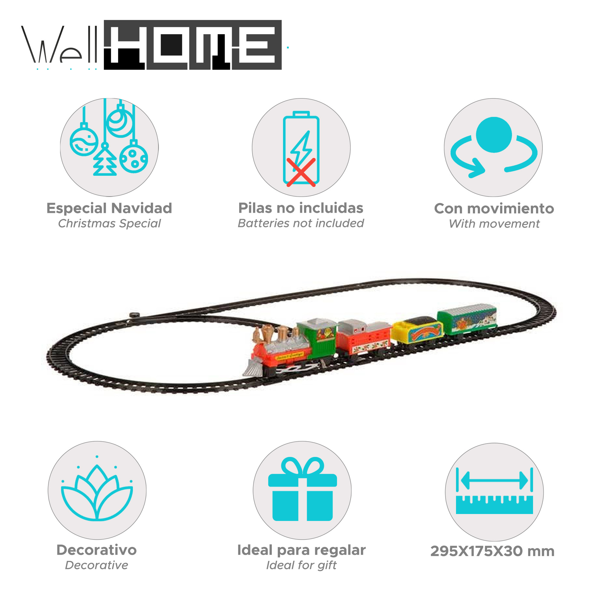 Un juego de trenes de juguete con un tren rojo, verde y amarillo sobre una vía negra. El juego es para Navidad.