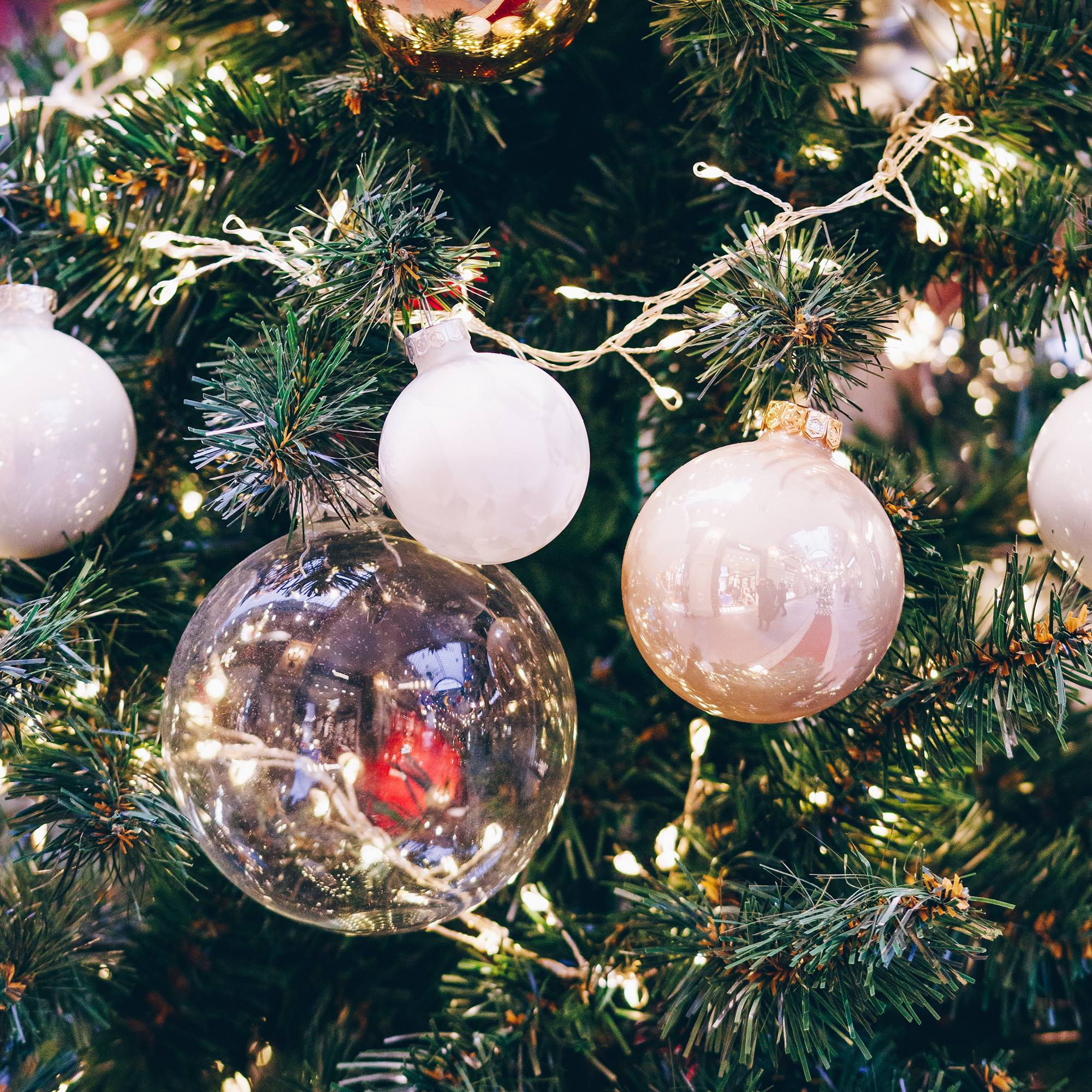 Primer plano de un árbol de Navidad con adornos y luces. Bolas claras y doradas sobre agujas verdes.