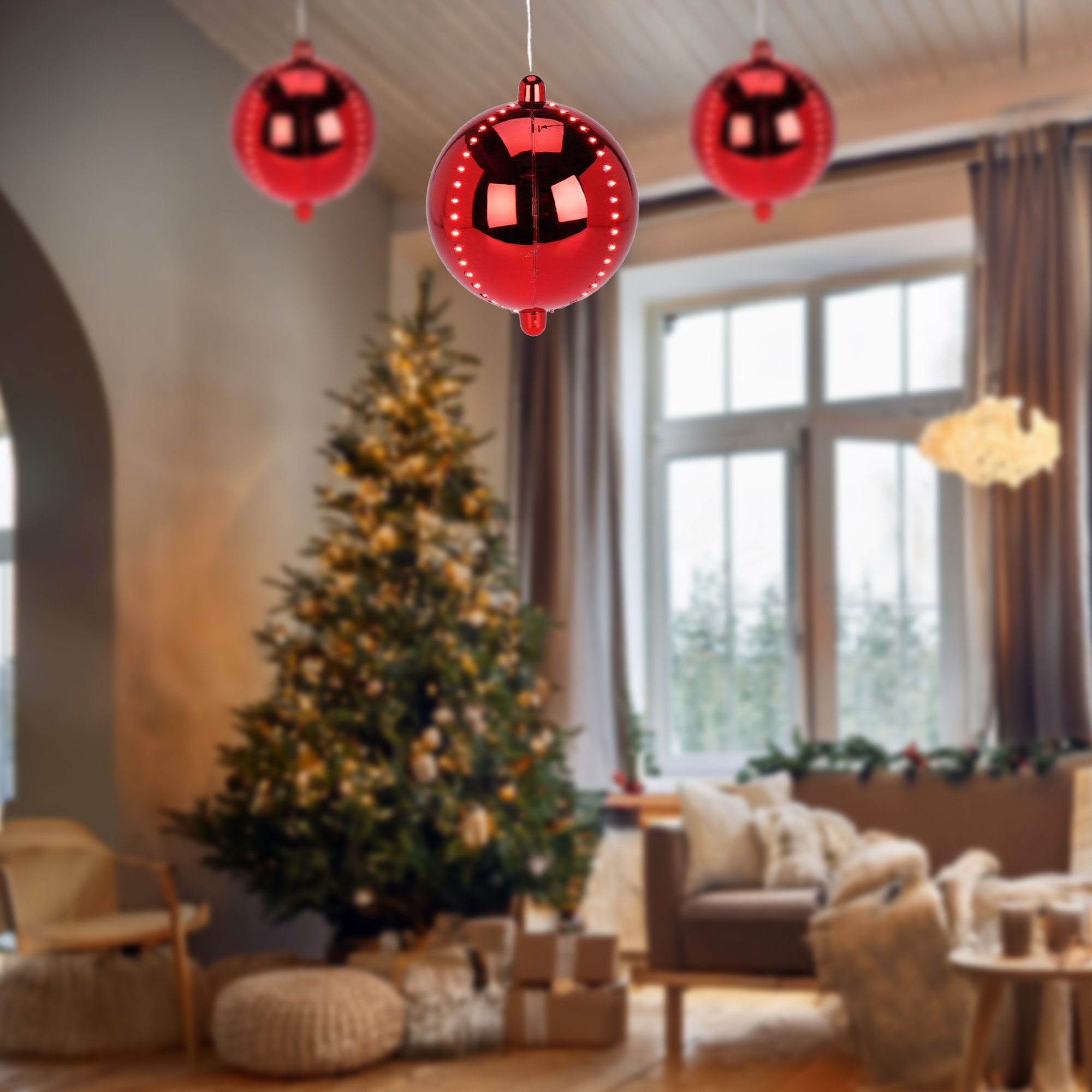 Tres adornos navideños rojos cuelgan en una habitación con un árbol de Navidad y una ventana al fondo.