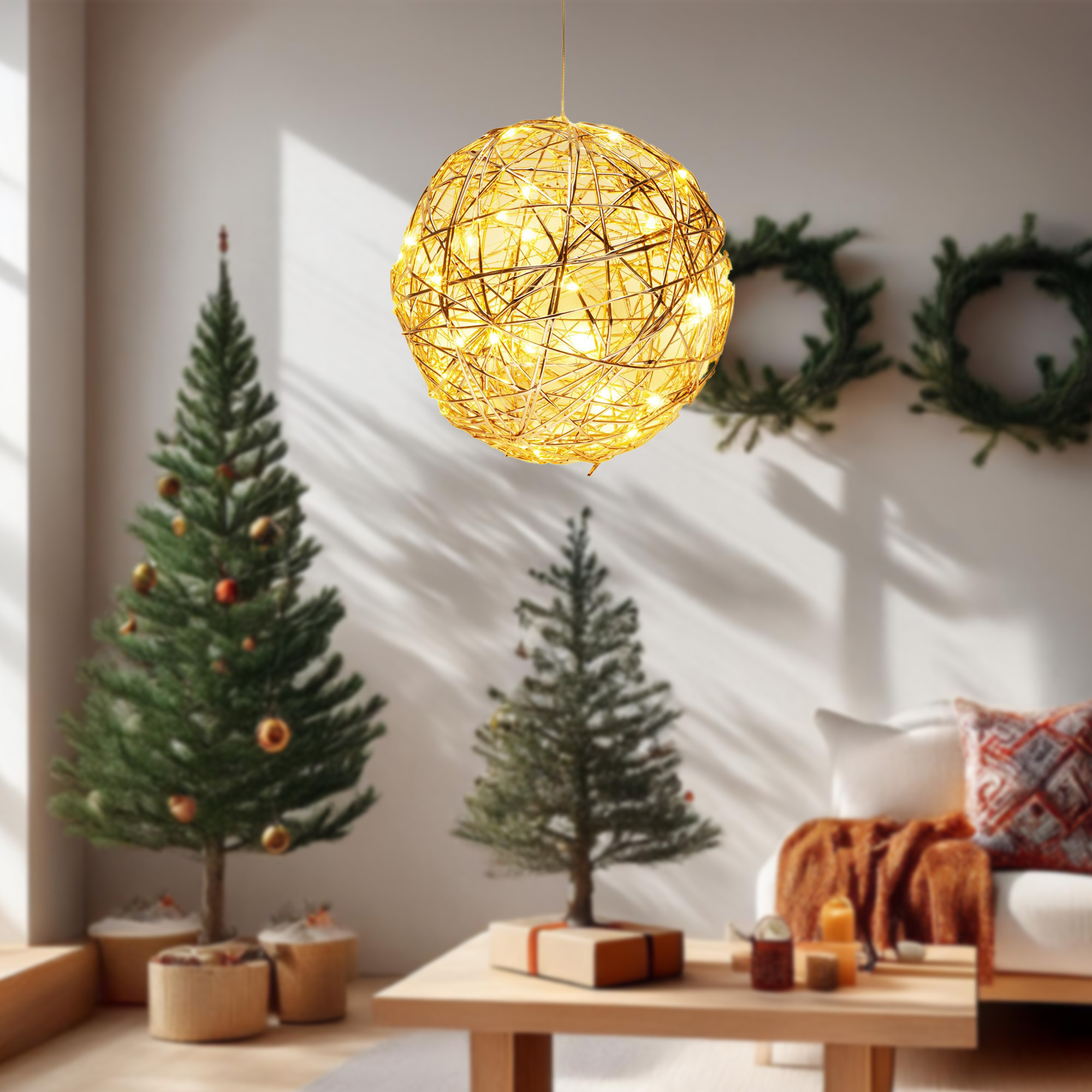 Una lámpara esférica brillante cuelga sobre una sala de estar. Árboles de Navidad y coronas decoran el espacio. Una mesa de centro está frente a un sofá.