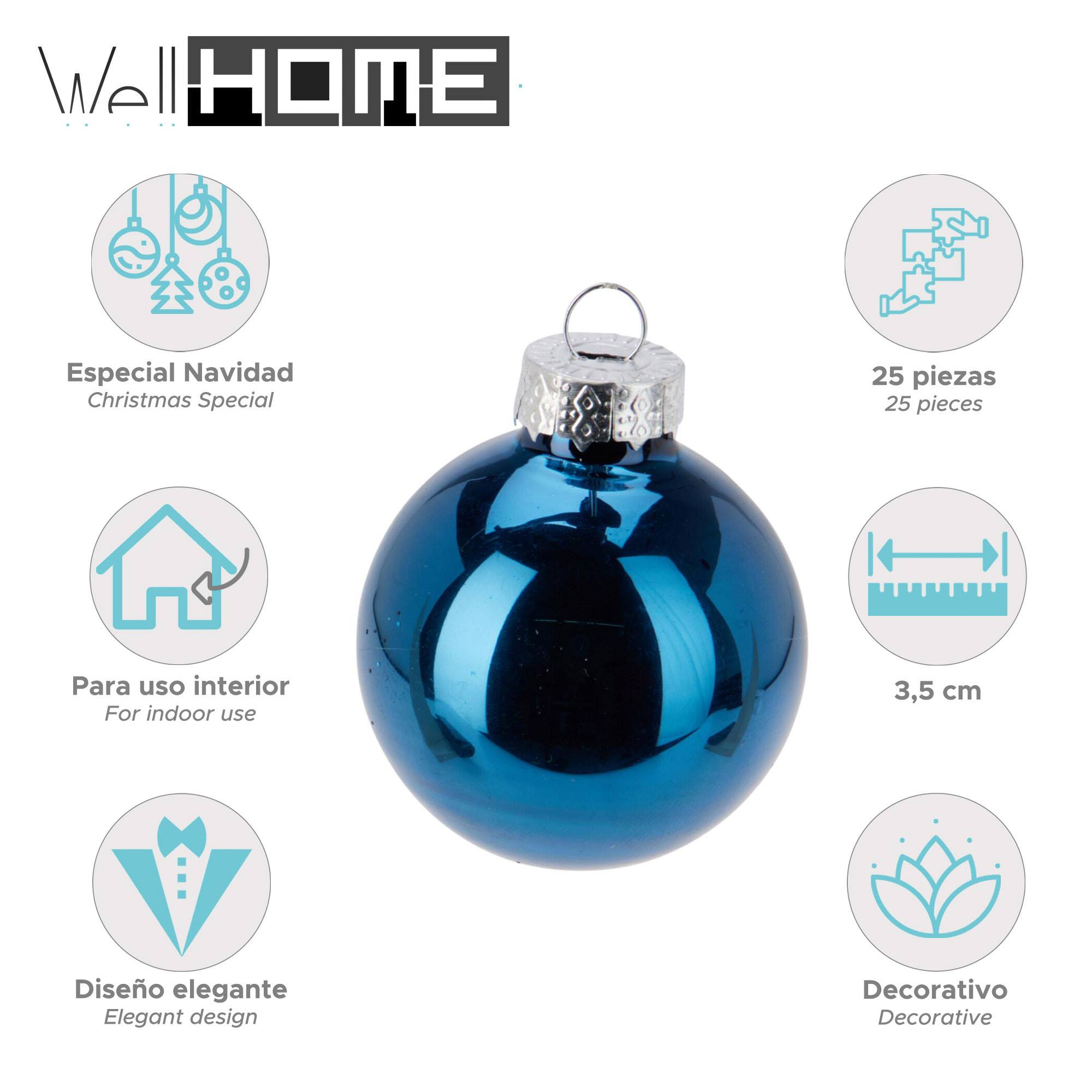 Un adorno navideño azul con una parte superior plateada. Tiene texto en español e inglés sobre Navidad y uso interior.
