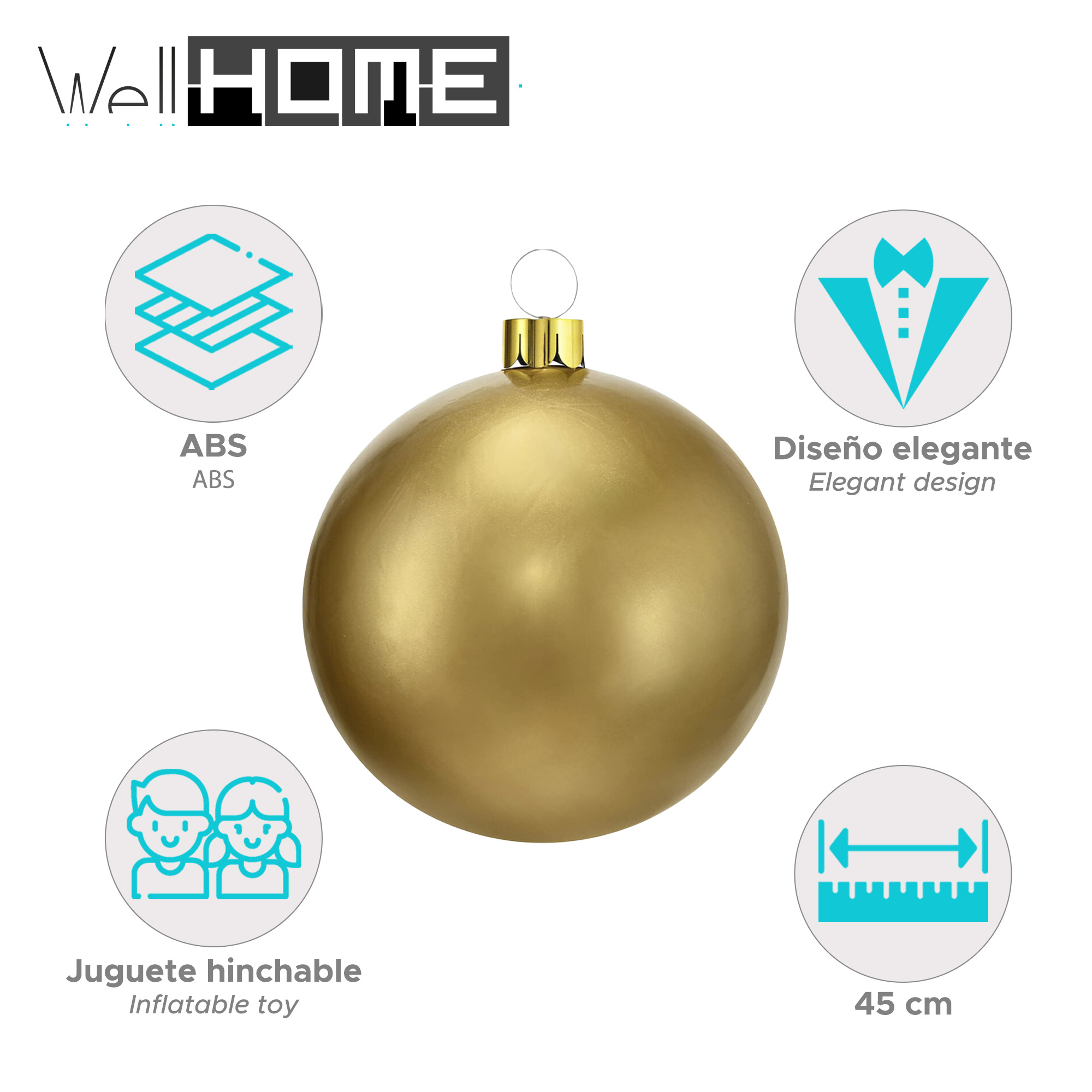 Una bola inflable dorada con iconos y texto. Tiene un lazo para colgar. El texto indica un tamaño de 45 cm.
