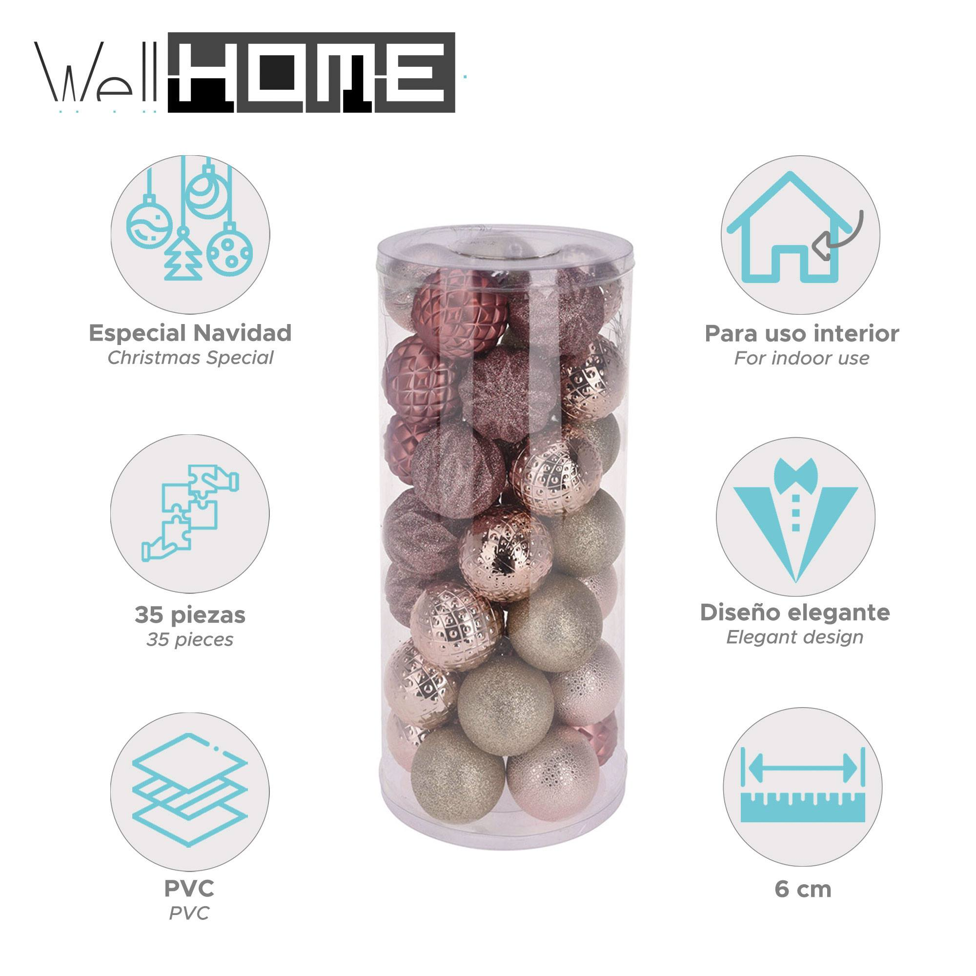 Un recipiente transparente con adornos navideños en varios tonos dorados y rosas. El texto incluye 'Well Home' y 'Christmas Special'.