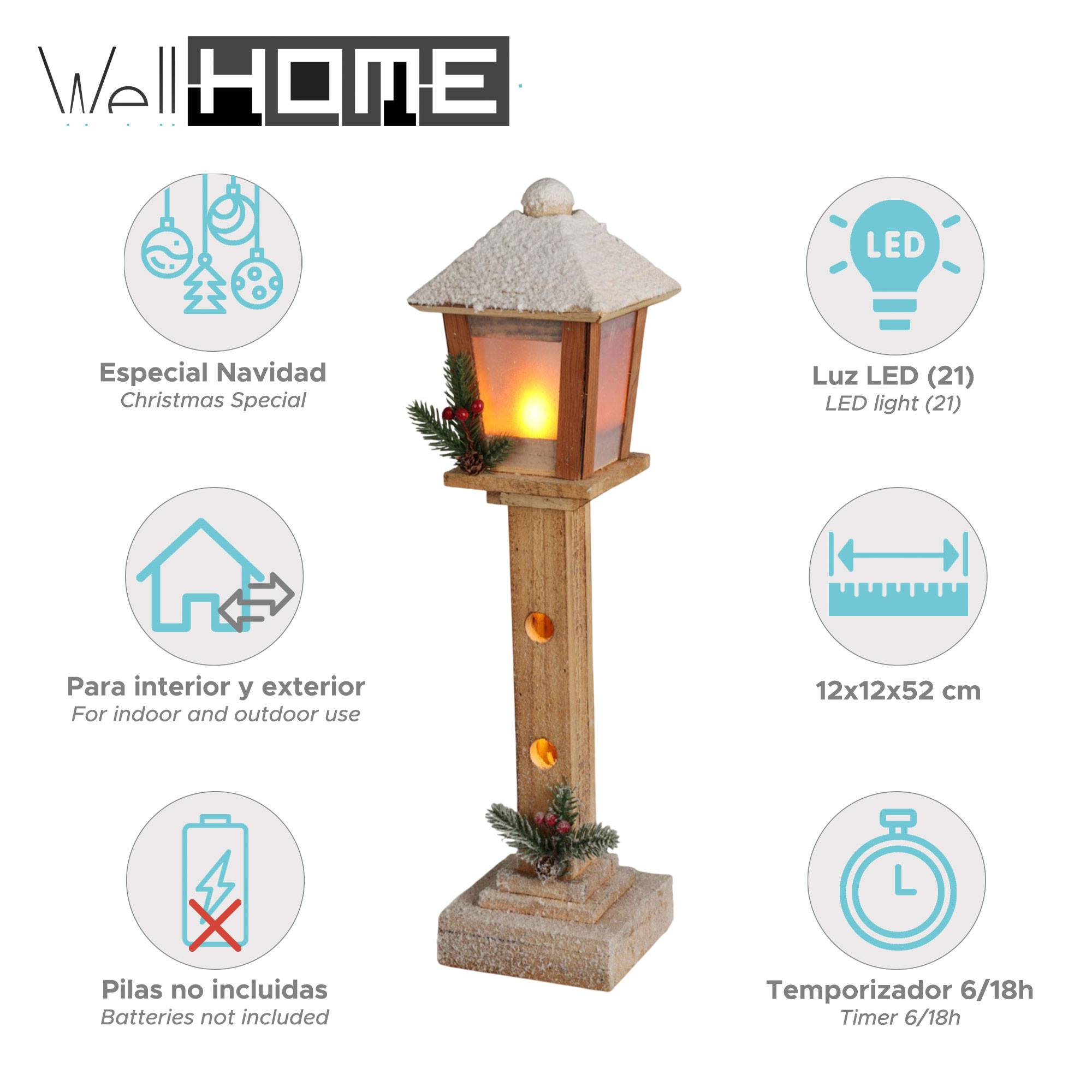 Una farola decorativa de madera con parte superior nevada, interior iluminado y detalles festivos, con iconos informativos.