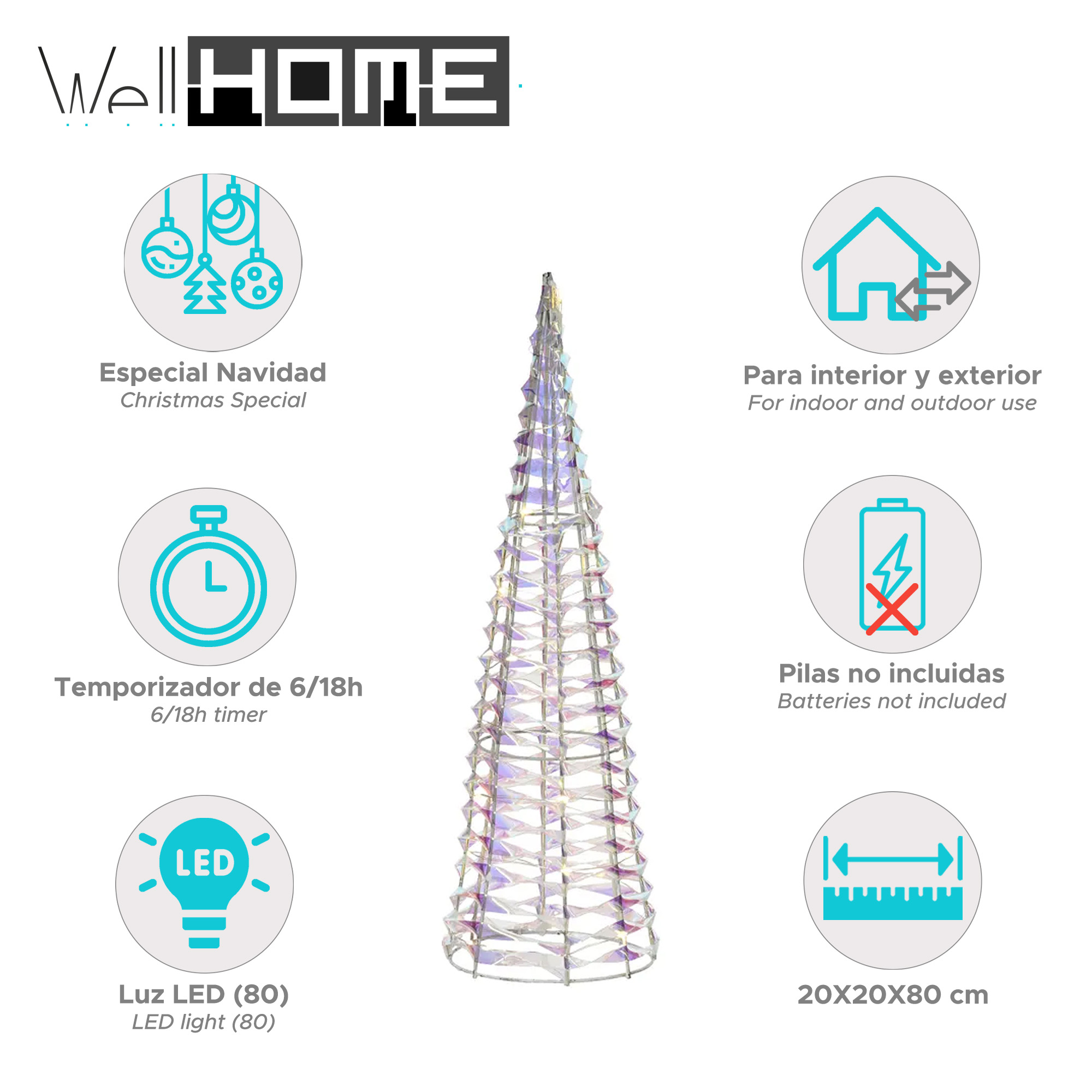 Una luz LED con forma de árbol de Navidad. La imagen contiene iconos y texto en español e inglés.