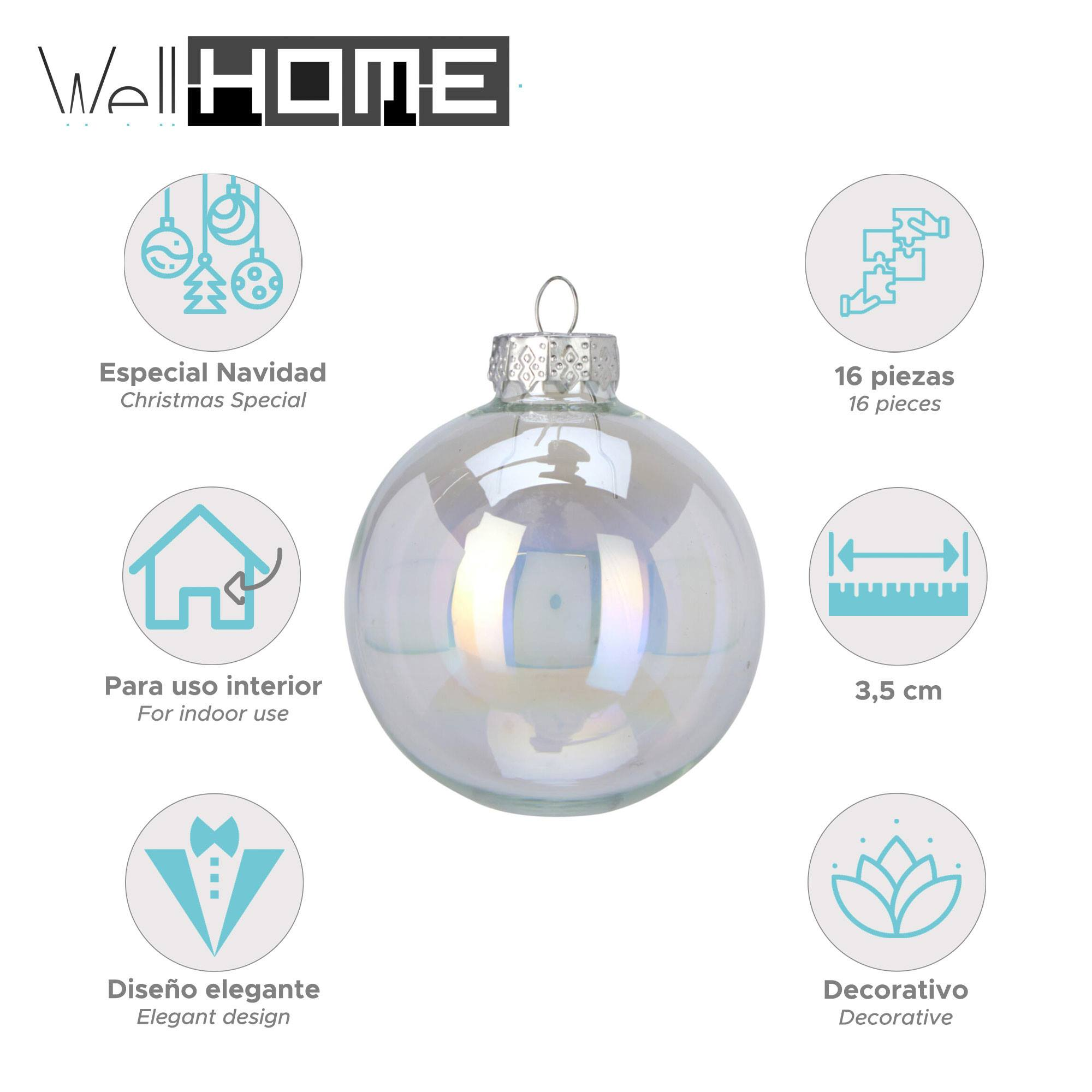 Un adorno navideño transparente con brillo iridiscente. Contiene texto e iconos que indican especial Navidad y uso interior.