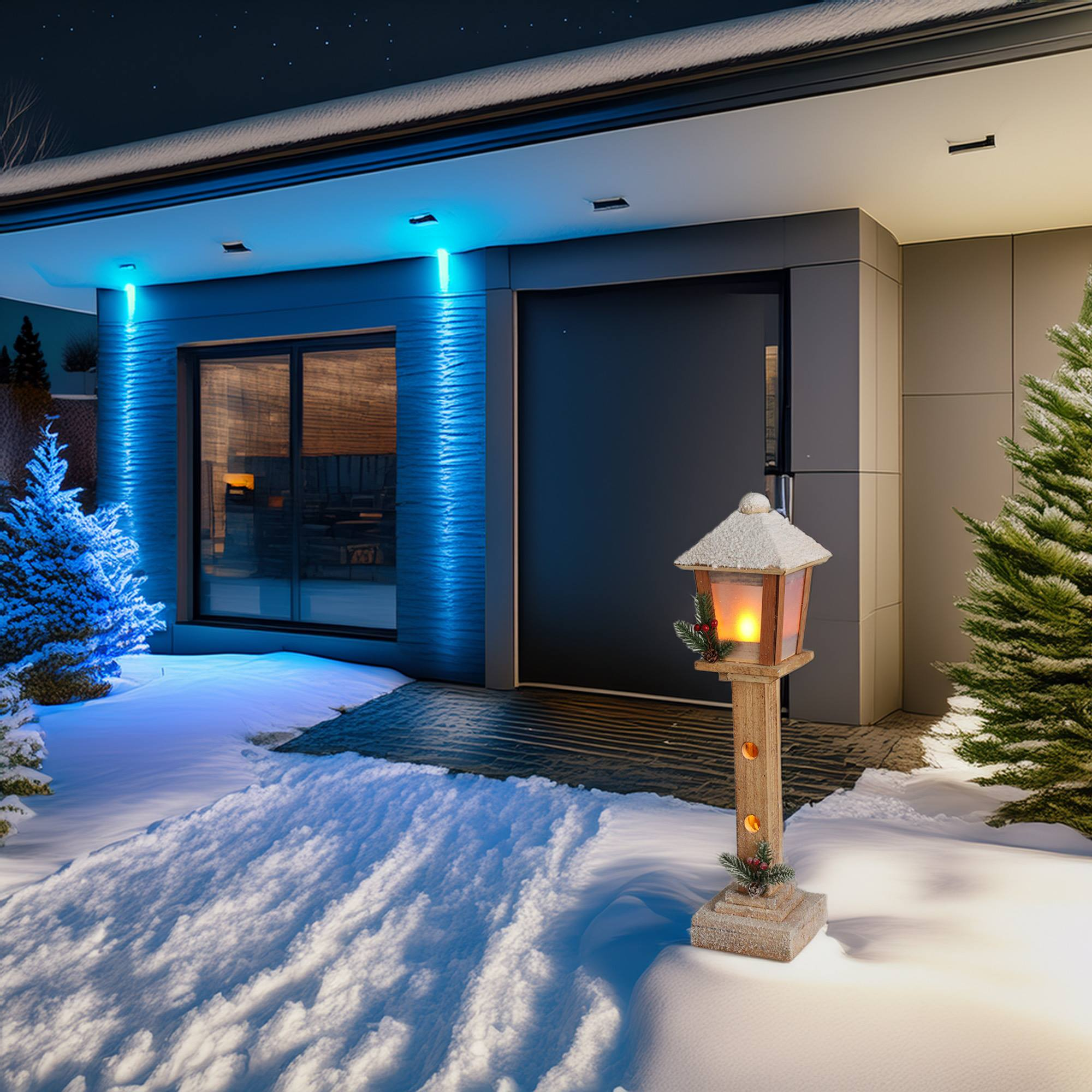 Una escena invernal nevada muestra la entrada de una casa con una linterna. Luces azules iluminan la nieve, un árbol y la casa.