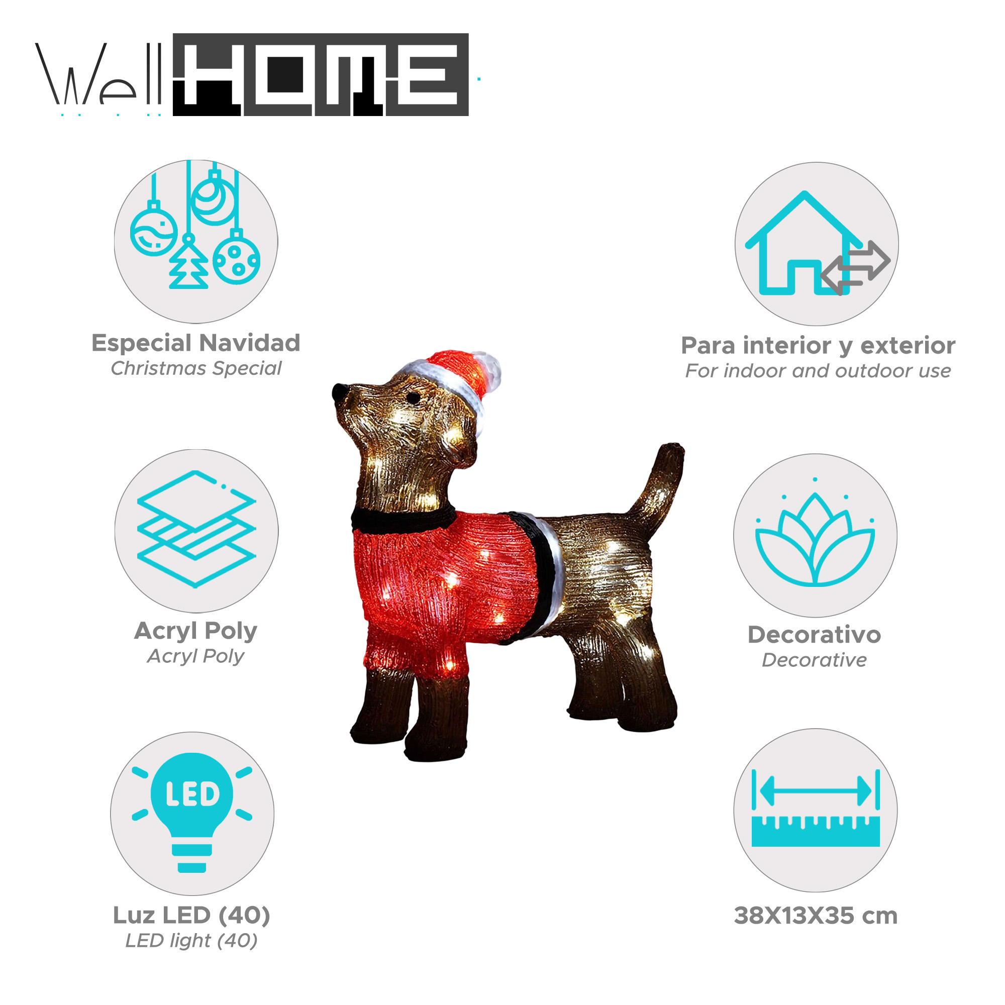 Una decoración navideña en forma de perro con gorro de Papá Noel y abrigo rojo. Está iluminado con luces LED y mide 38x13x35 cm.