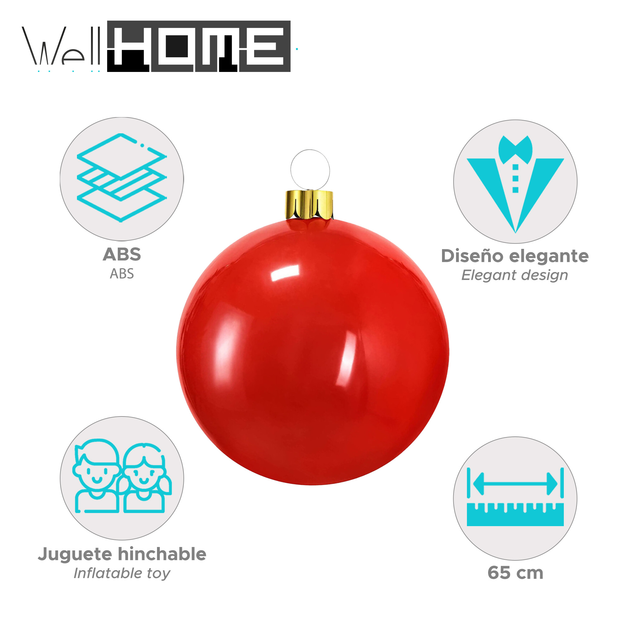 Un adorno navideño inflable rojo de 65 cm de diámetro. Incluye iconos de ABS, diseño elegante y juguete inflable.