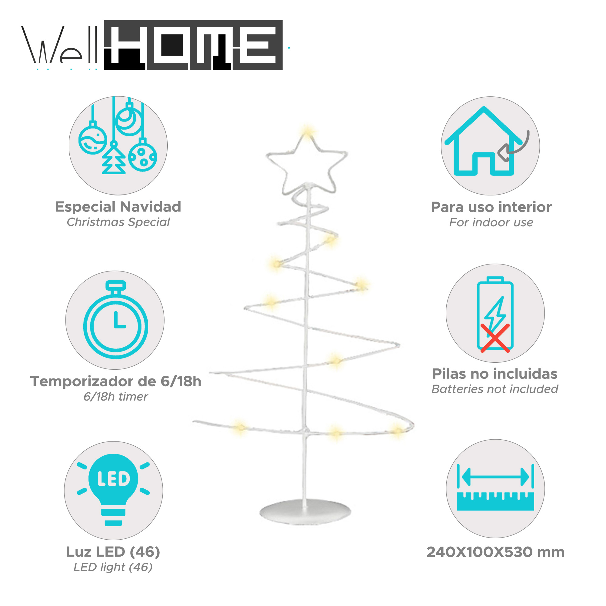 Luz LED en forma de árbol de Navidad con estrella. Etiquetas: 'Especial Navidad' y 'uso interior'.