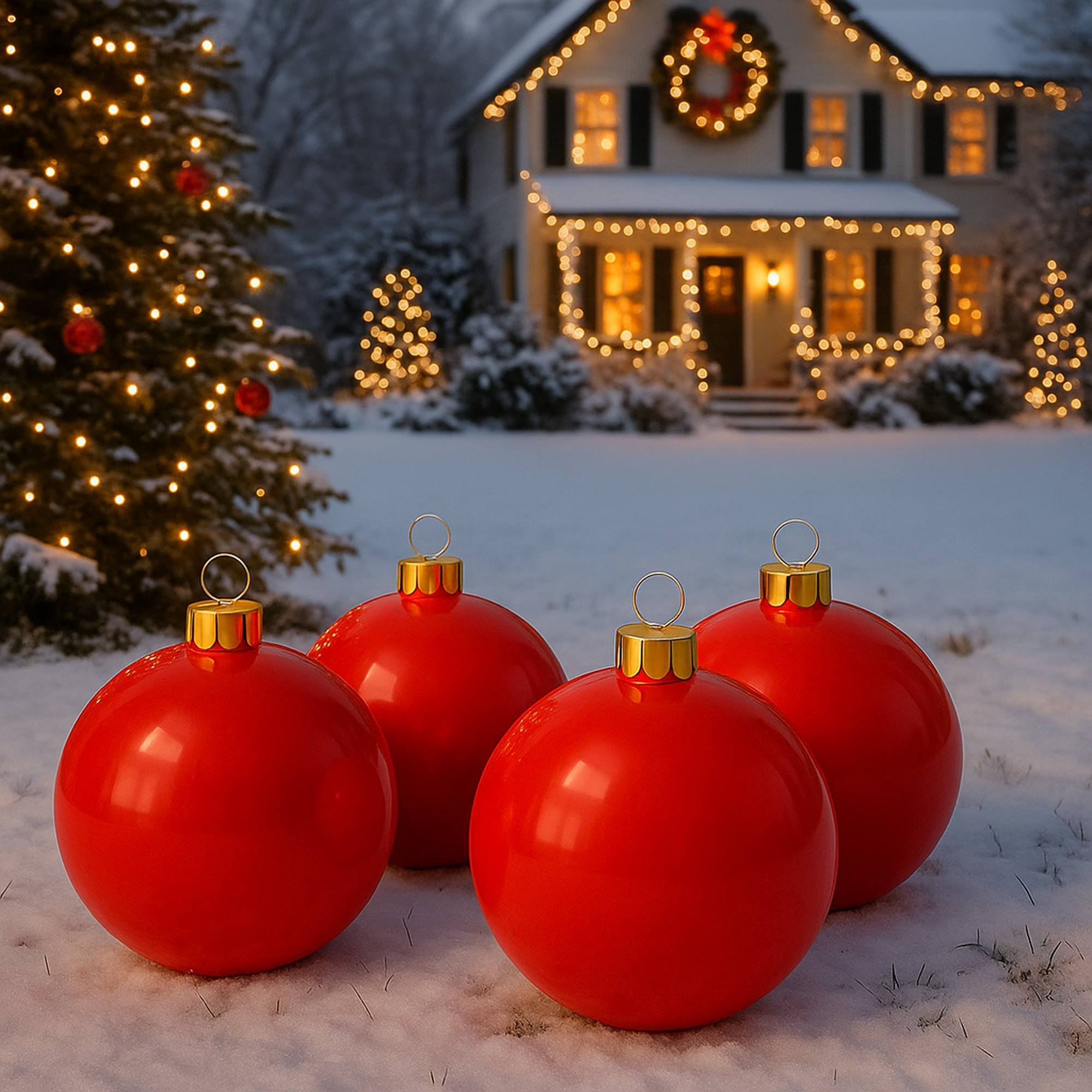 Cuatro grandes adornos navideños rojos sobre nieve. Una casa con luces y un árbol de Navidad al fondo.