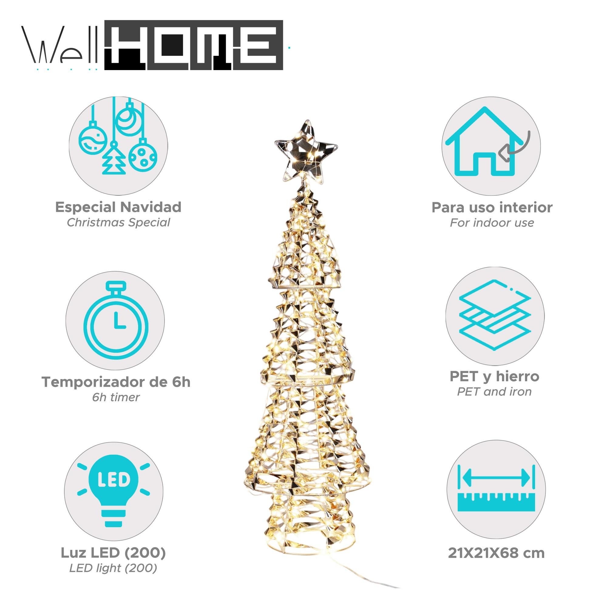 Una luz LED con forma de árbol de Navidad. Tiene una estrella en la parte superior y está rodeada de etiquetas informativas.