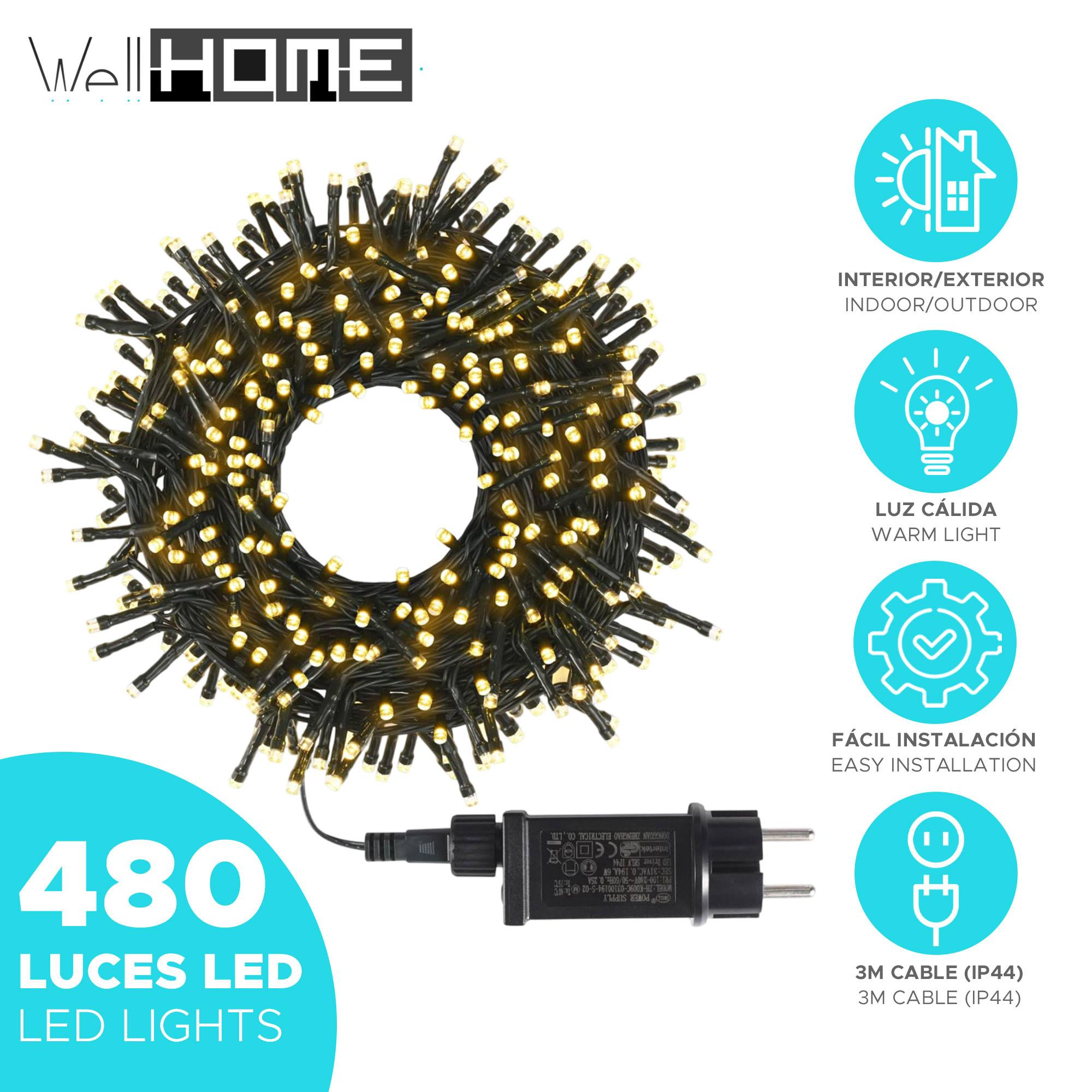 Un anillo de luces LED cálidas, con un adaptador de corriente negro y un fondo blanco. Texto: 480 luces LED, interior/exterior.