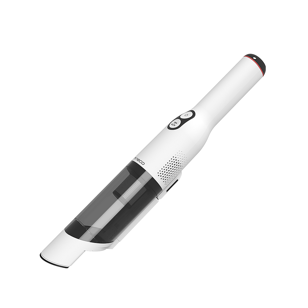 Biały i szary odkurzacz ręczny. Ma przyciski i otwory wentylacyjne. Dysza jest kątowa. Tło jest białe.