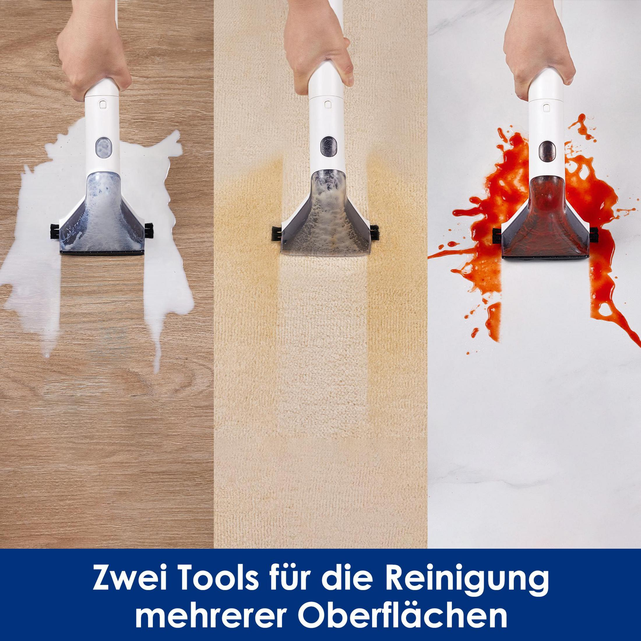 Trzy narzędzia czyszczące demonstrują czyszczenie powierzchni. Jedno na drewnie z płynem, jedno na dywanie i jedno na białej powierzchni z czerwonym płynem.