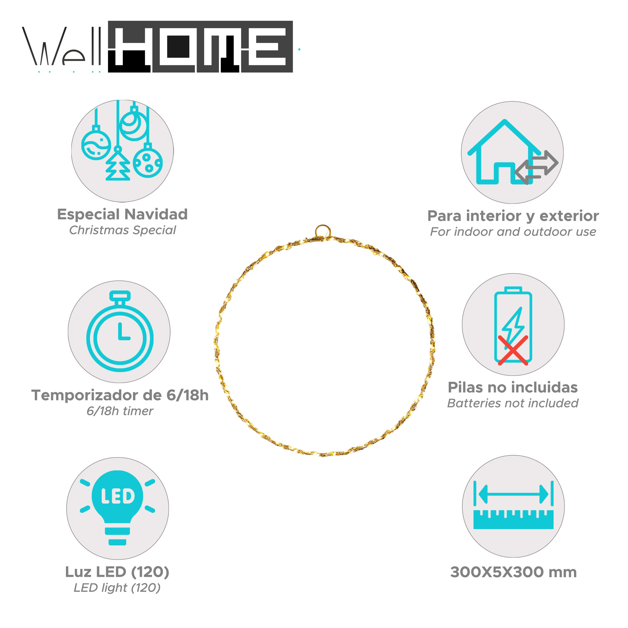 Un anillo de luz LED dorado con iconos: Navidad, uso interior/exterior, temporizador, baterías no incluidas, luz LED y tamaño 300x5x300 mm.