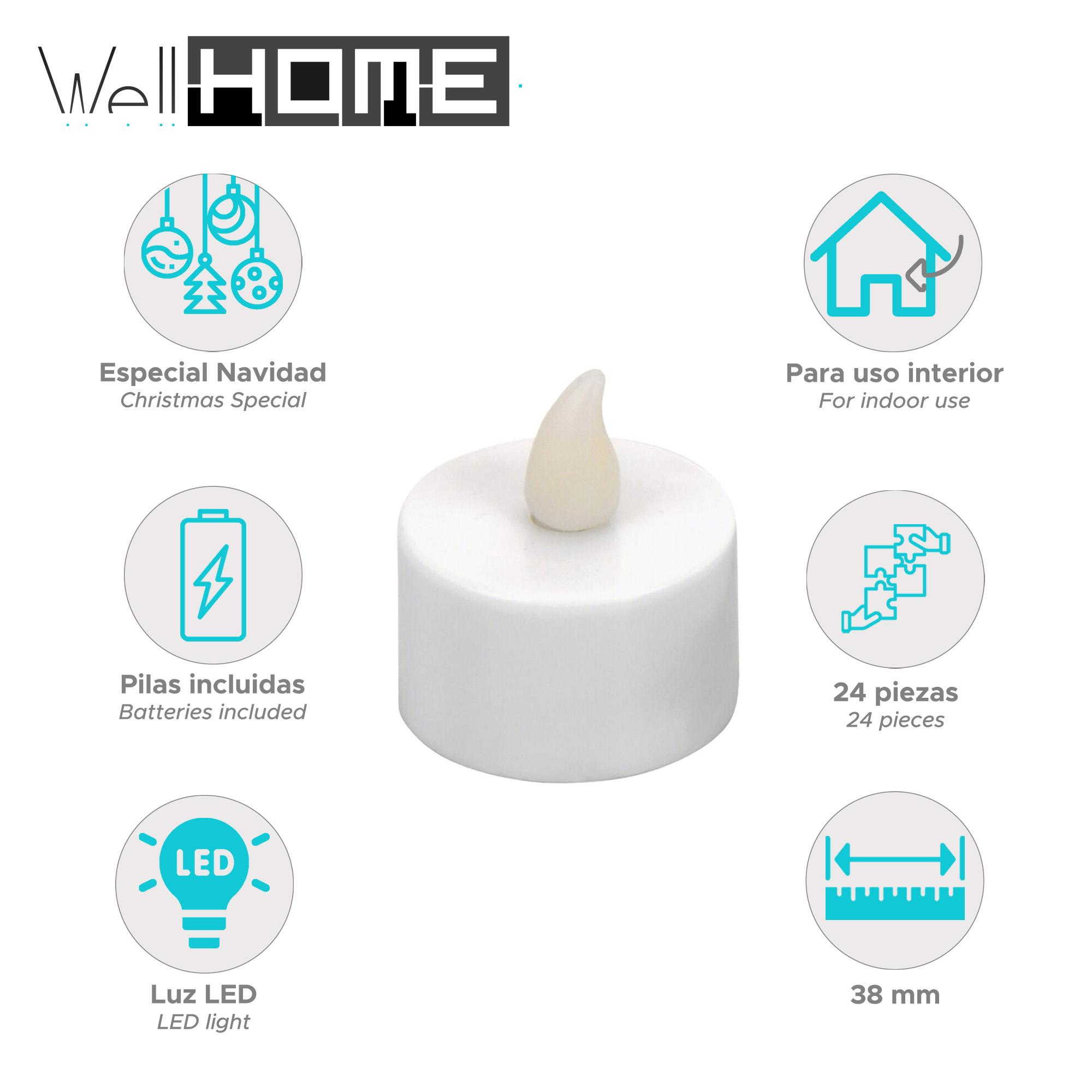 Una vela LED blanca con una llama sobre una superficie blanca. El texto incluye detalles navideños y de luz LED.