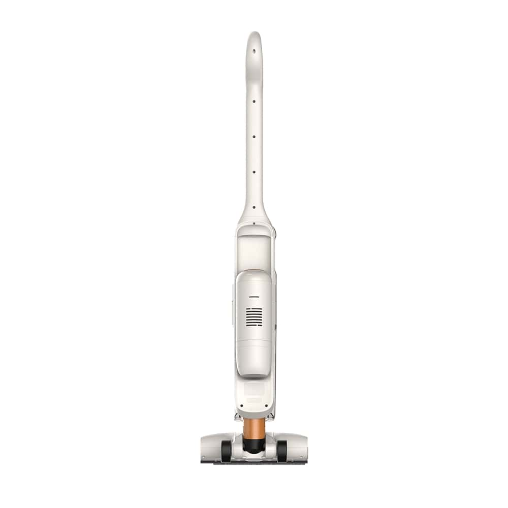 Biały odkurzacz bezprzewodowy stoi wyprostowany. Ma długi uchwyt z zakrzywioną górą, korpus i głowicę czyszczącą.