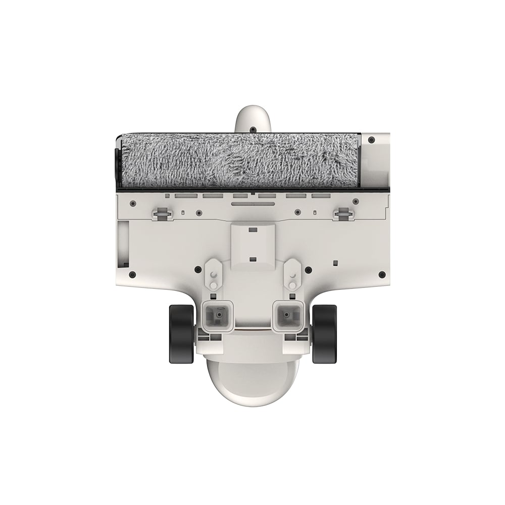 Widok z góry na biały odkurzacz automatyczny z szarym mopem. Ma czarne koła i czujnik w kształcie kopuły.