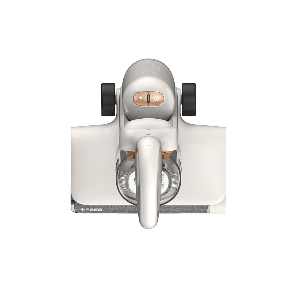 Widok z góry na biało-złoty odkurzacz. Ma czarne koła i przezroczysty pojemnik na kurz. Nazwa marki 'tineco' znajduje się na dole.