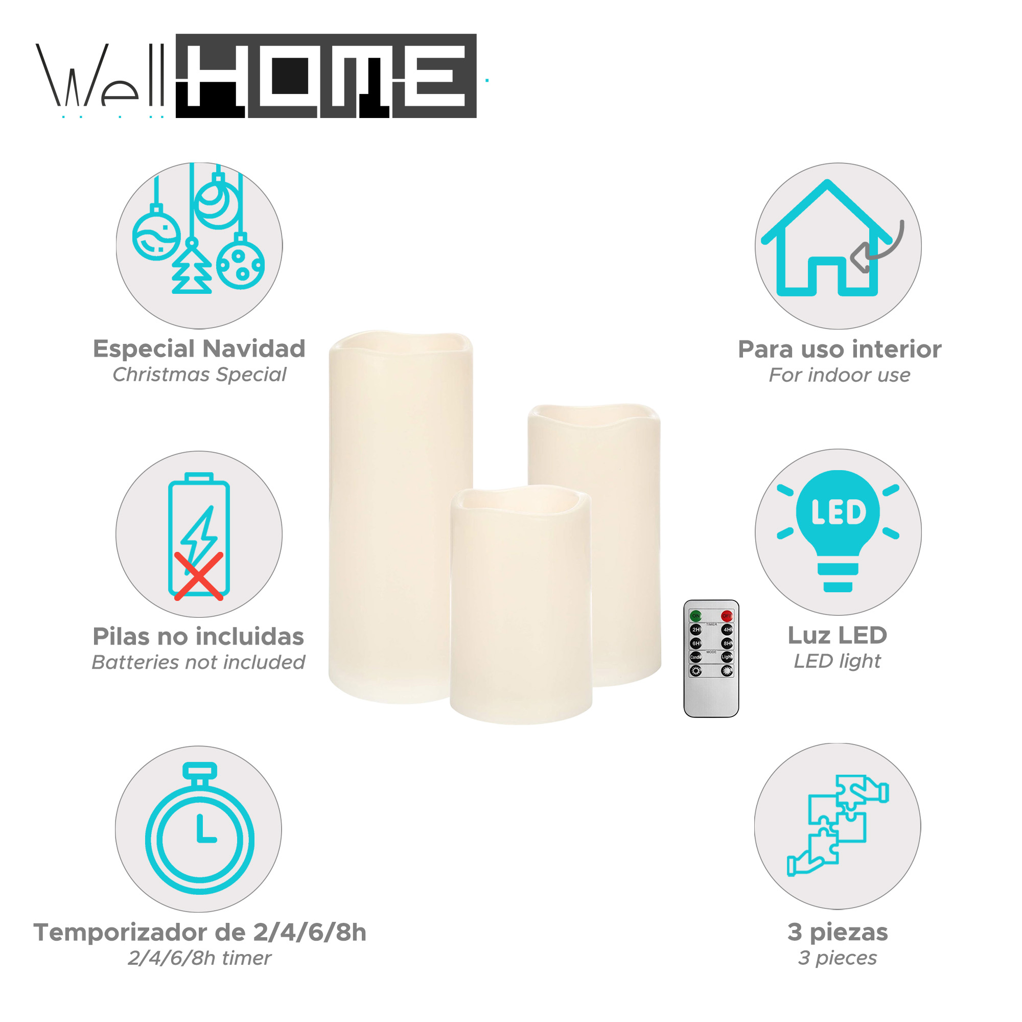 Juego de tres velas LED crema con mando a distancia, adornos navideños e iconos informativos.