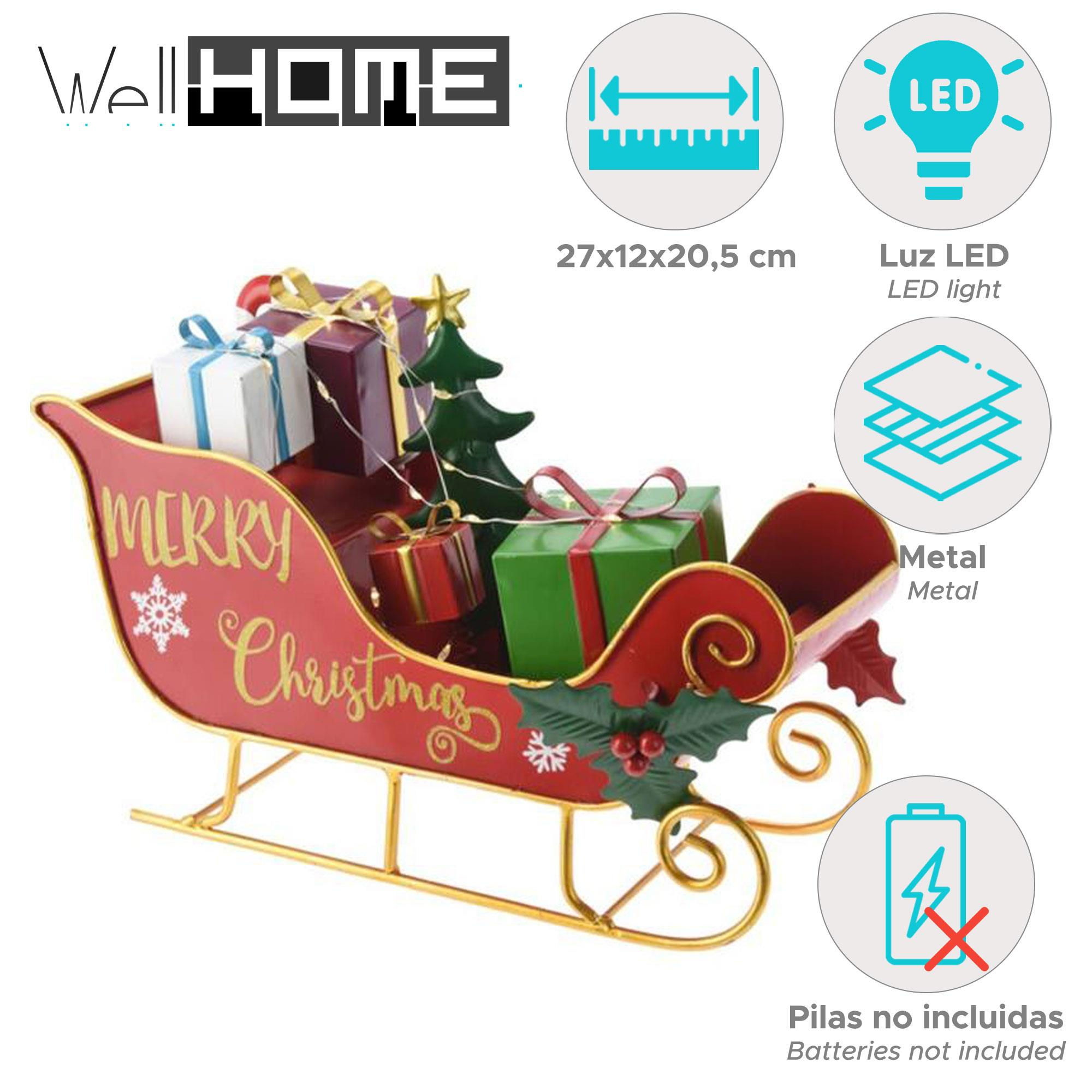 Roter Weihnachtsschlitten mit Geschenken und Baum. Text: Frohe Weihnachten. Symbole: LED-Licht, Metall, Batterien nicht enthalten.