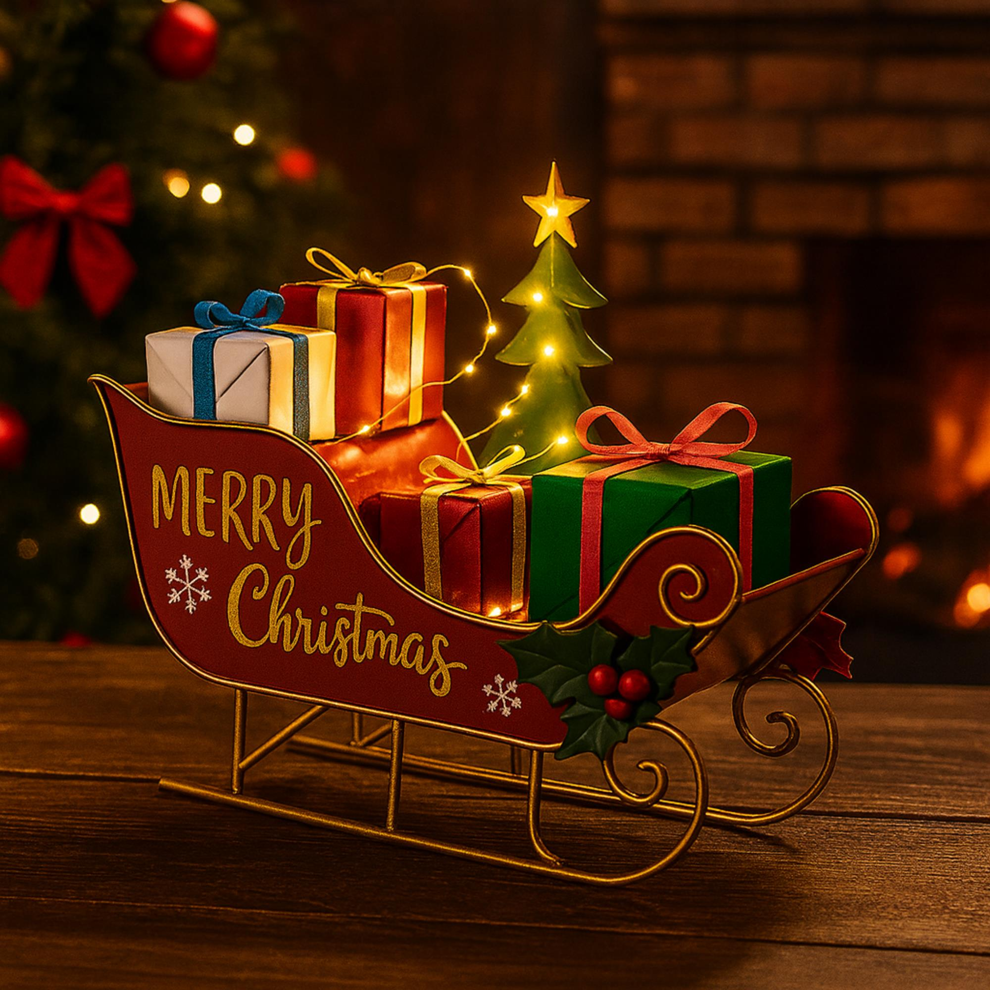 Weihnachtsschlitten mit Geschenken und Weihnachtsbaum. Kamin und Baum im Hintergrund. Festliche Szene.