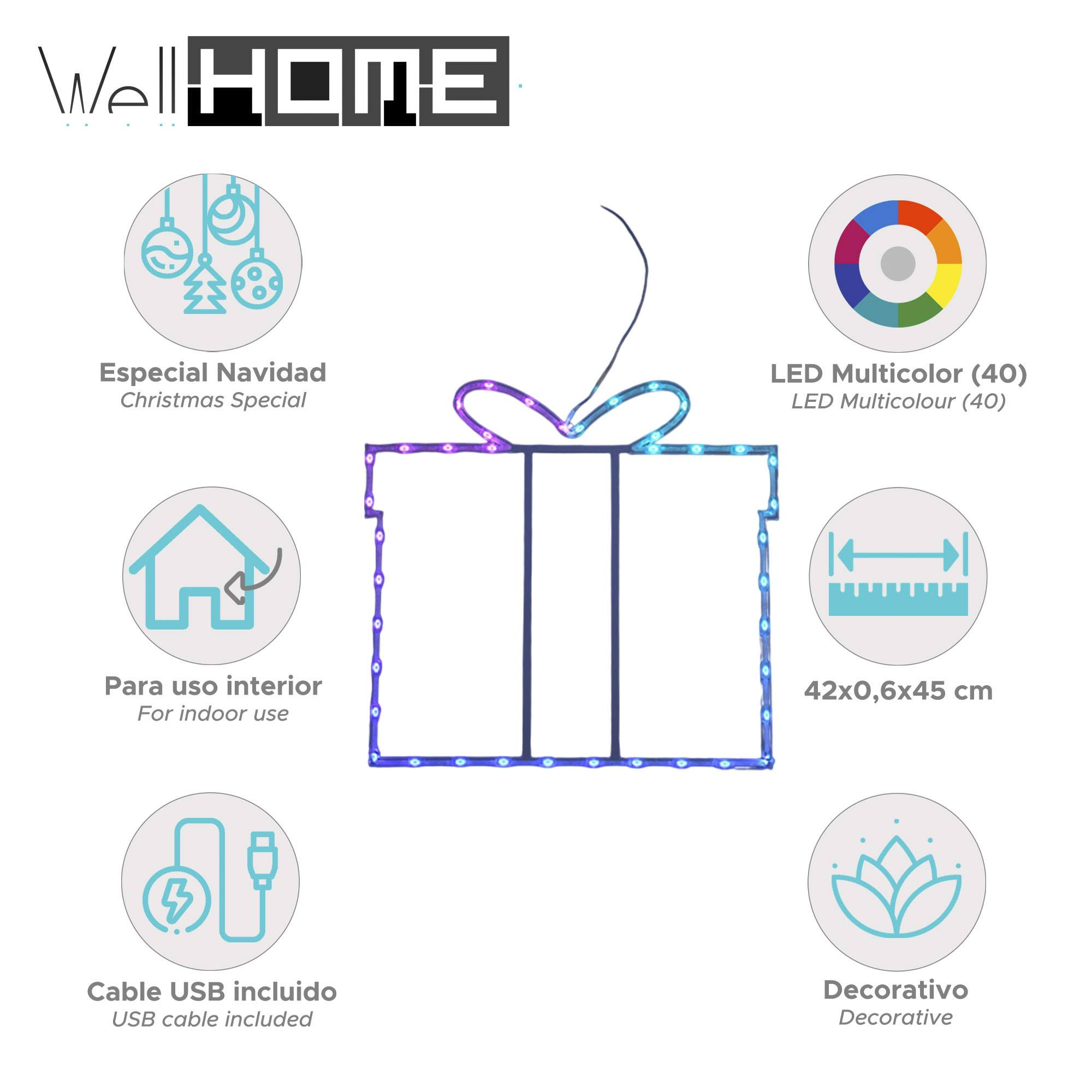 Una caja de regalo LED con lazo, detalles del producto e iconos sobre un fondo blanco. La marca es Well HOME.