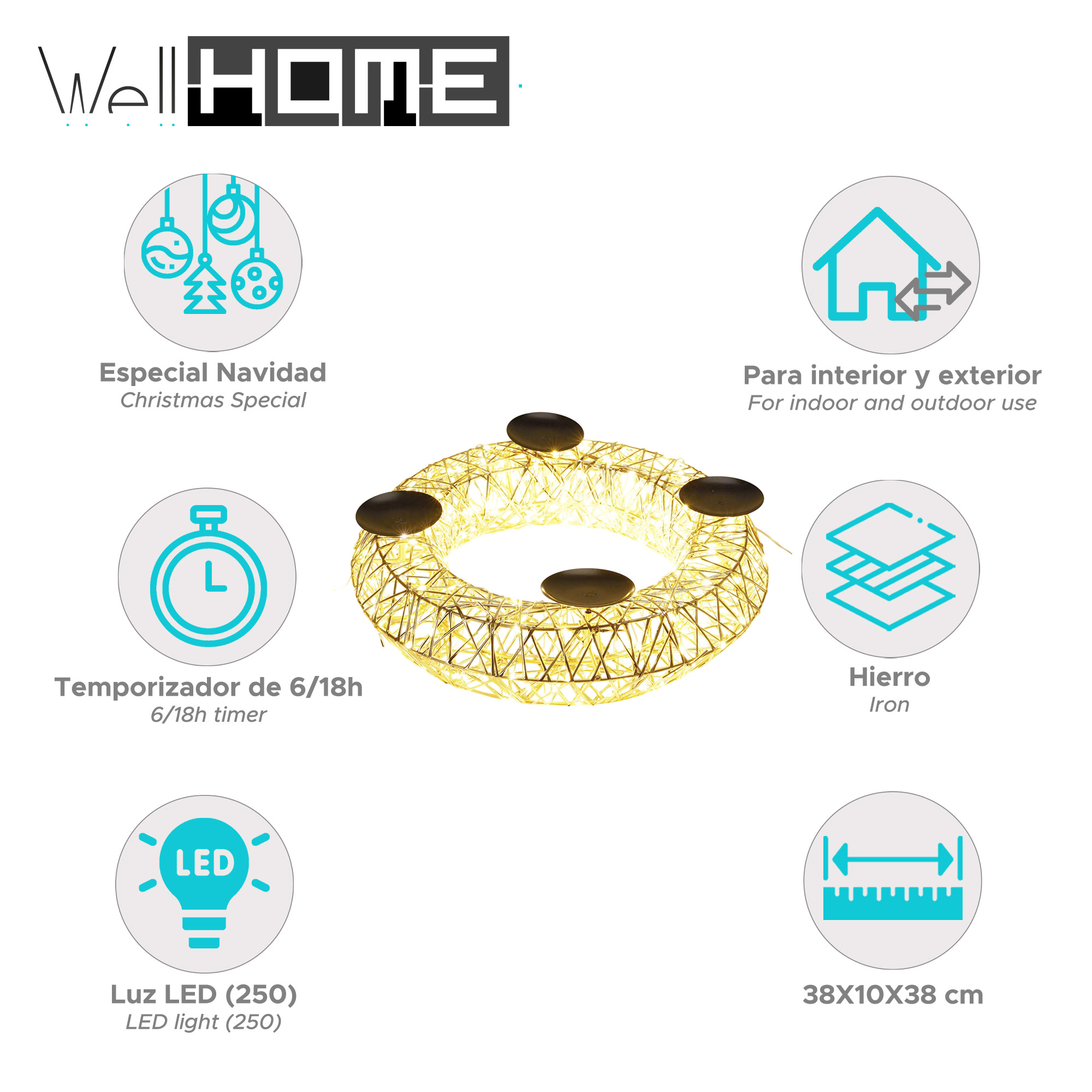 Una corona dorada con cuatro soportes negros para velas, rodeada de iconos informativos. Texto: LED, Hierro, temporizador y dimensiones.