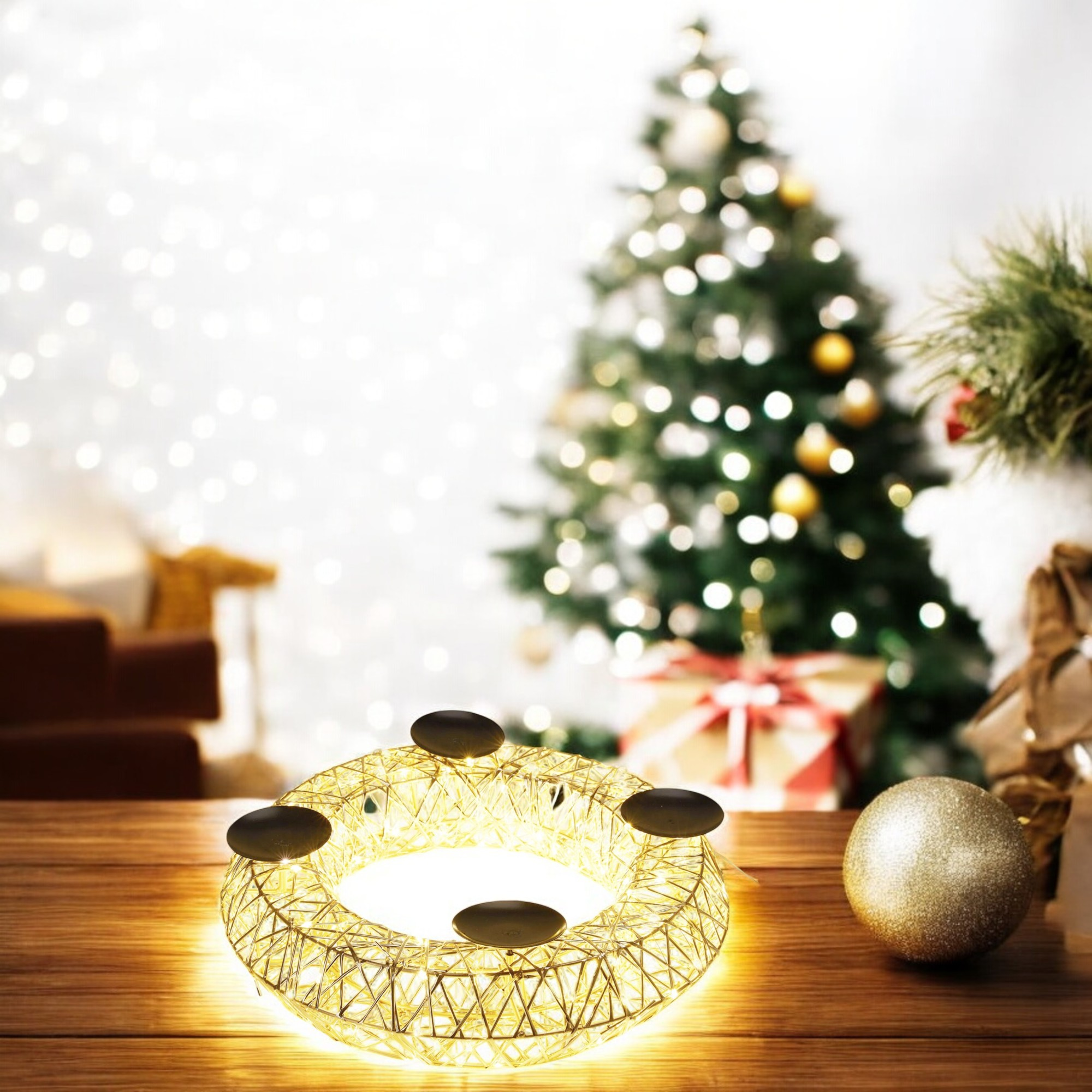Una corona de alambre dorado con detalles negros sobre una mesa de madera. Un árbol de Navidad, adornos y regalos en el fondo.