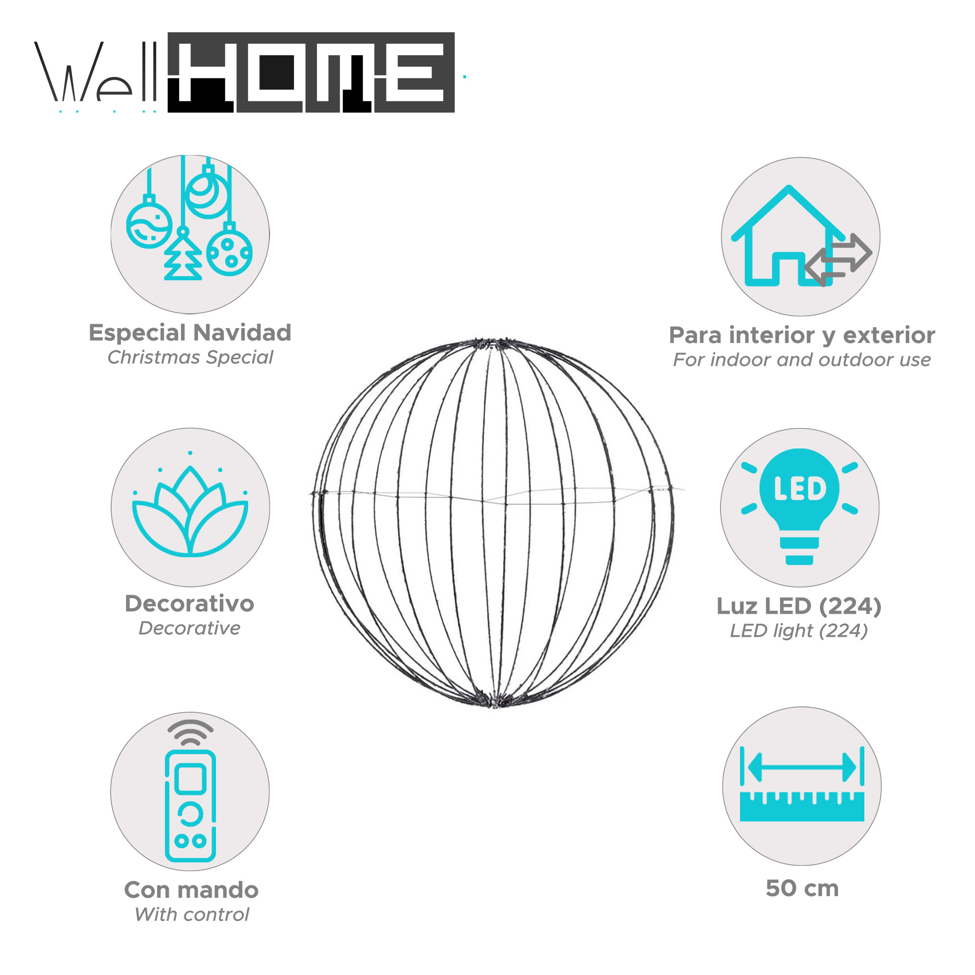 Fondo blanco con una esfera decorativa, iconos y el logo 'Well HOME'. El texto en español e inglés describe las características.