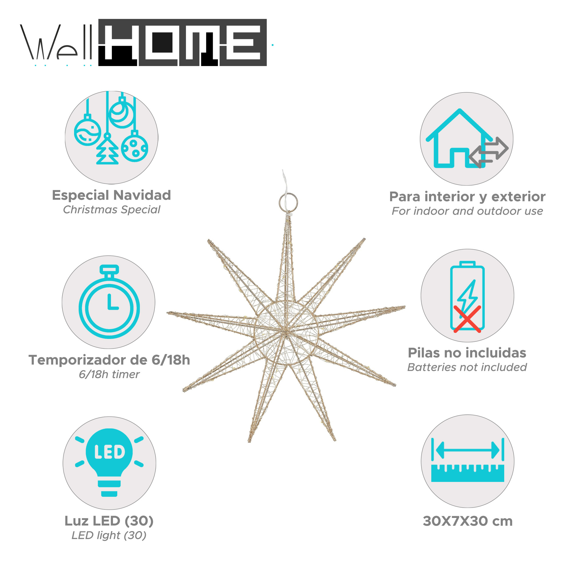 Una luz navideña en forma de estrella. Detalles incluyen LED, temporizador y tamaño en cm. Texto en inglés y español.