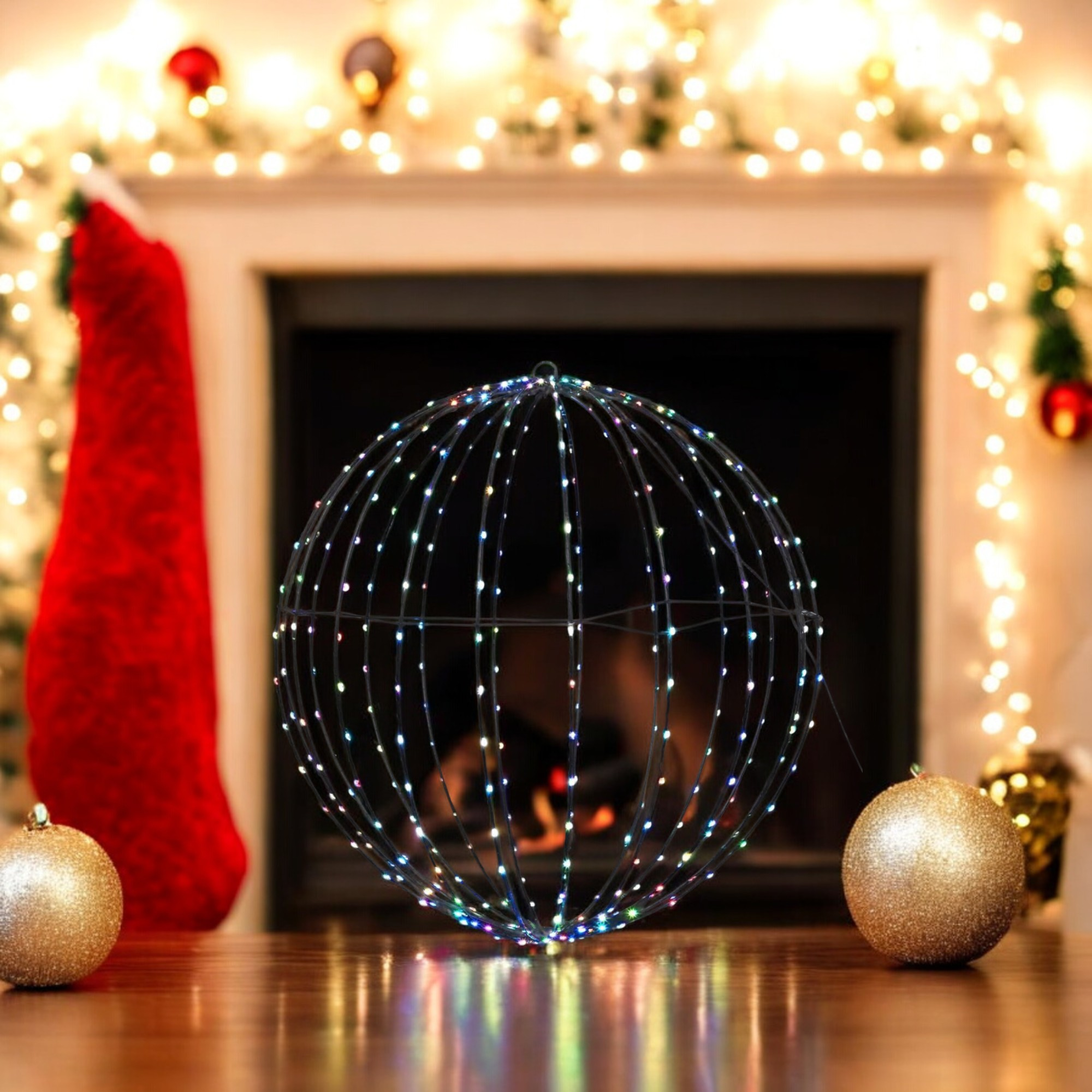 Escena navideña con una esfera de luces, adornos y un calcetín cerca de una chimenea, todo iluminado con luces navideñas.