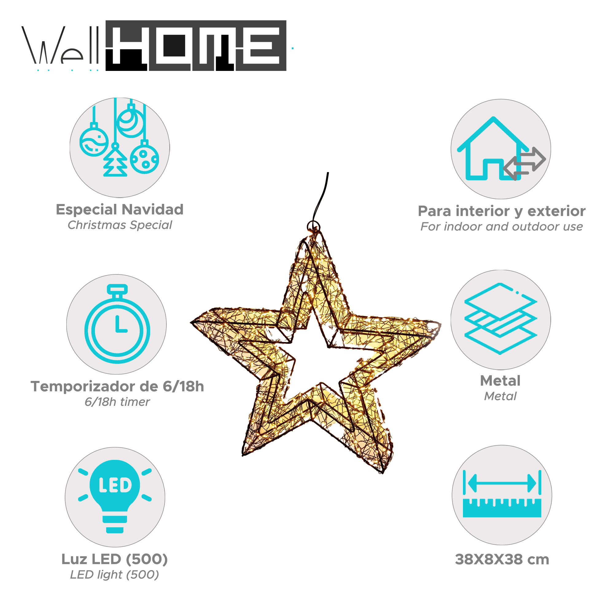 Una decoración navideña en forma de estrella dorada. Tiene temporizador, luz LED y mide 38x8x38 cm. Uso interior y exterior.