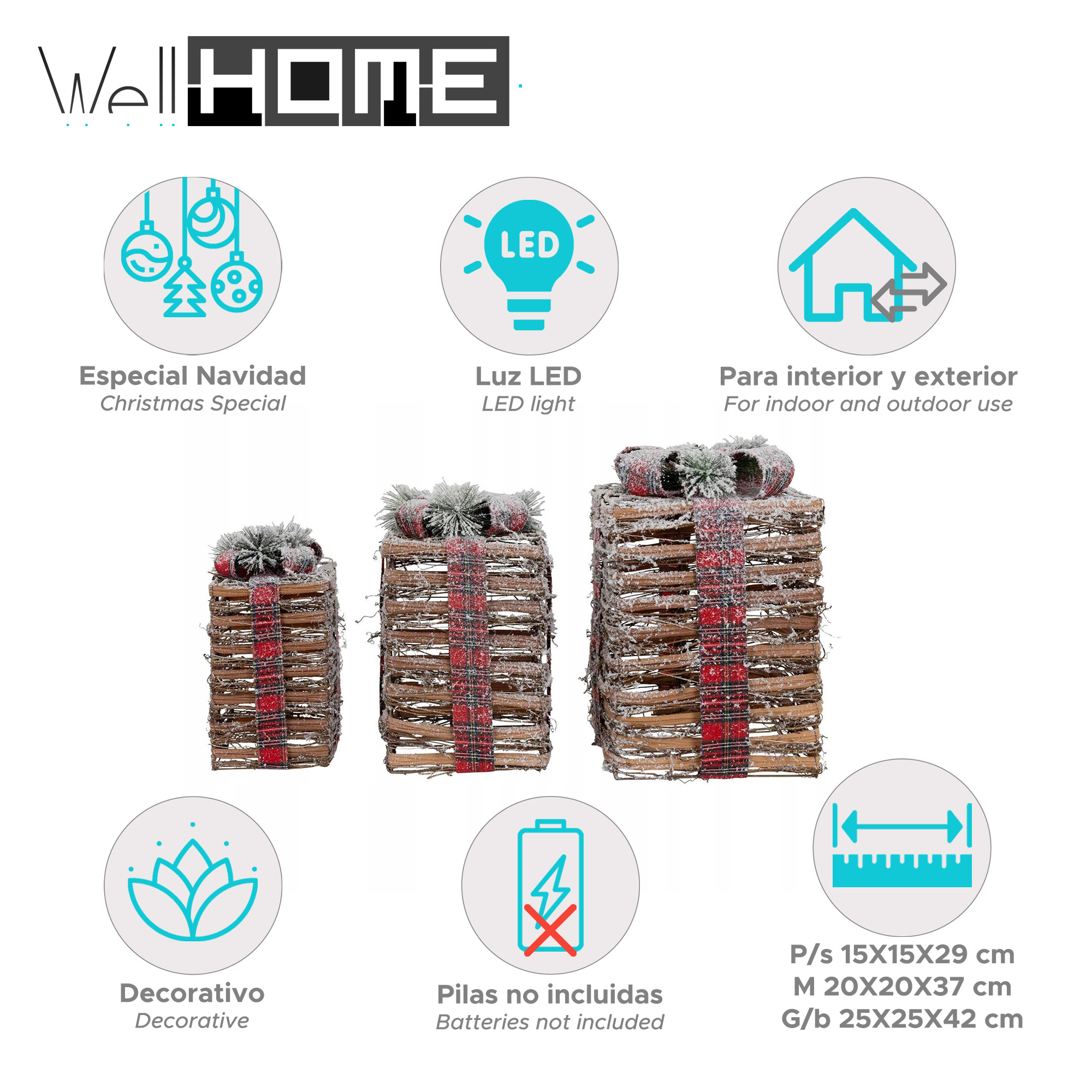 Imagen muestra adornos navideños. Tres cajas de regalo decorativas, detalles de tamaño e iconos de luz LED, uso interior/exterior y baterías.