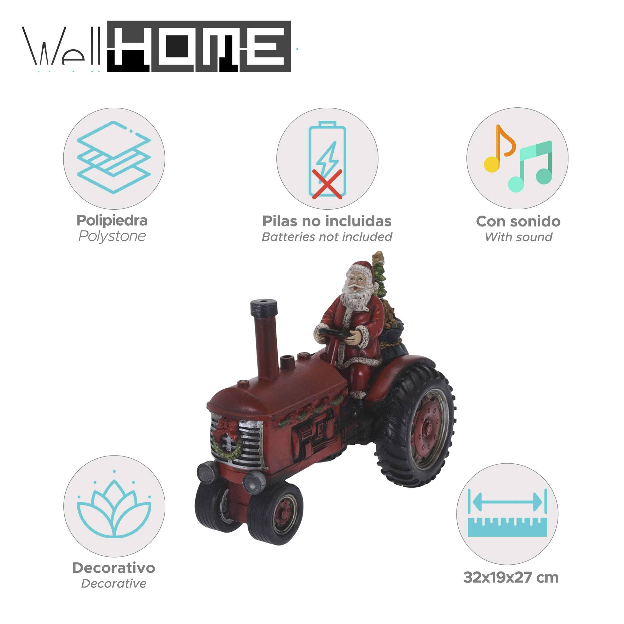 Una figura de tractor rojo con Papá Noel conduciendo. La imagen tiene iconos y texto decorativos. Las dimensiones son 32x19x27 cm.