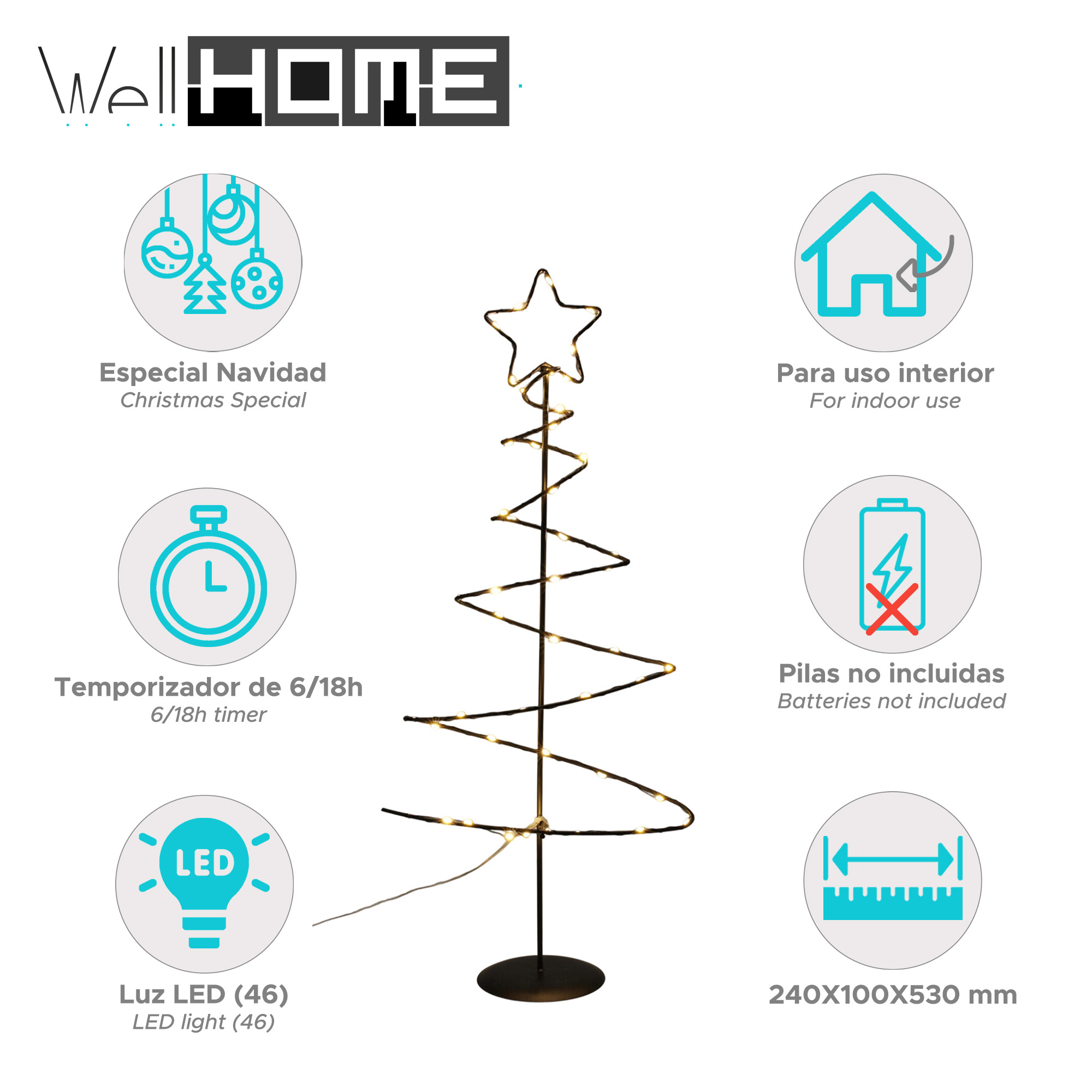 Un árbol de Navidad en espiral con una estrella. Tiene luces y está sobre una base negra. Texto en español e inglés.
