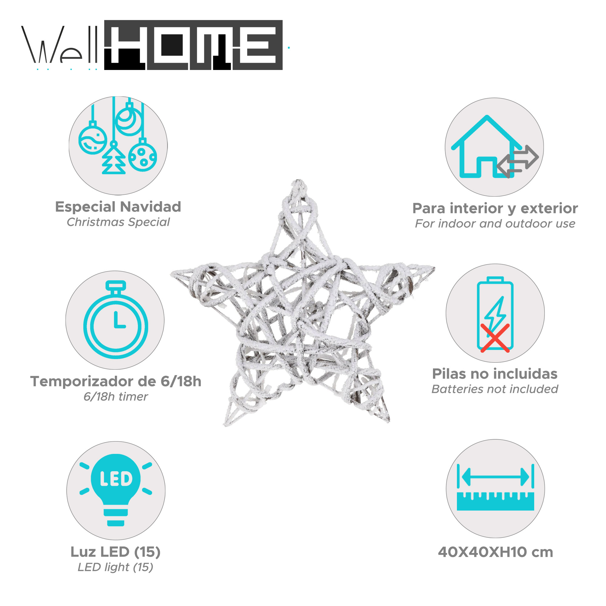 Una decoración navideña en forma de estrella blanca con varios iconos y texto, incluyendo 'luz LED' y 'Especial Navidad'.