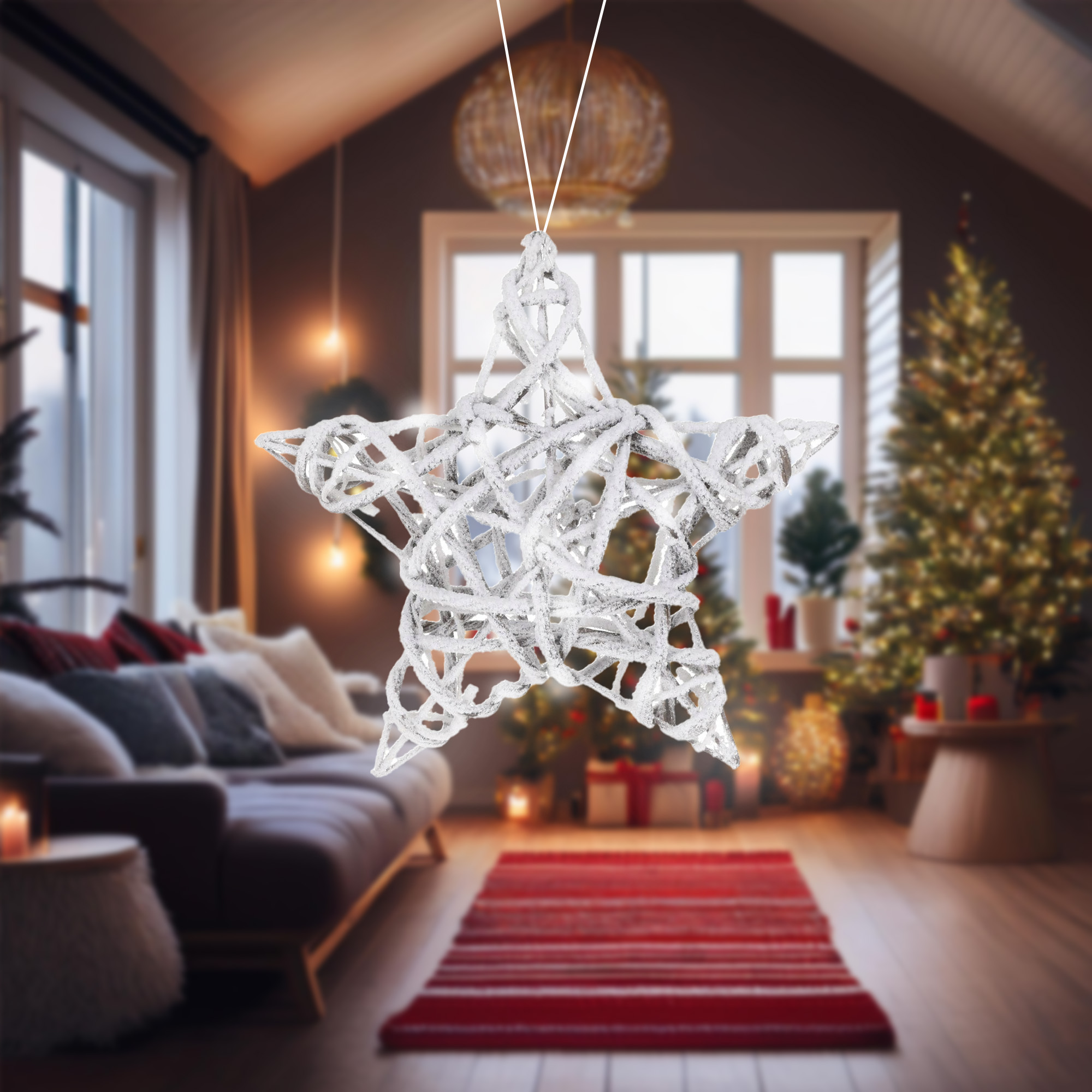 Un adorno navideño en forma de estrella cuelga en una acogedora sala de estar con un árbol de Navidad y una alfombra roja.