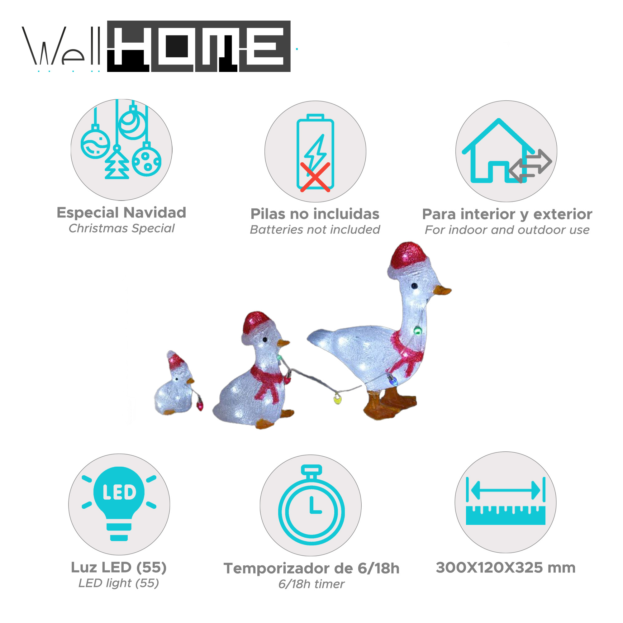 Una familia de gansos navideños iluminados con sombreros y bufandas rojas. Incluye características del producto como LED, temporizador y dimensiones.