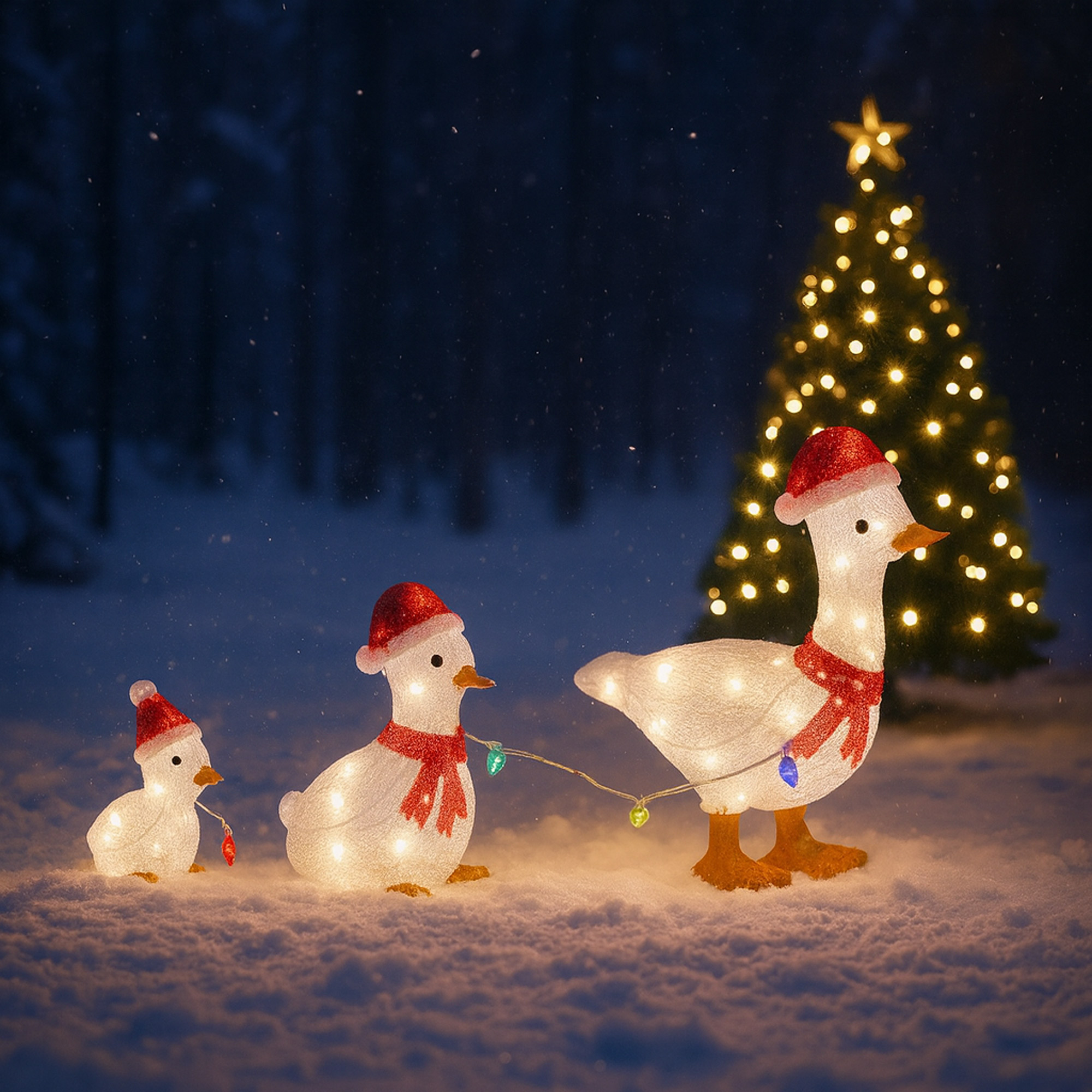 Tres figuras de gansos iluminadas con gorros y bufandas navideñas en la nieve. Un árbol de Navidad al fondo.
