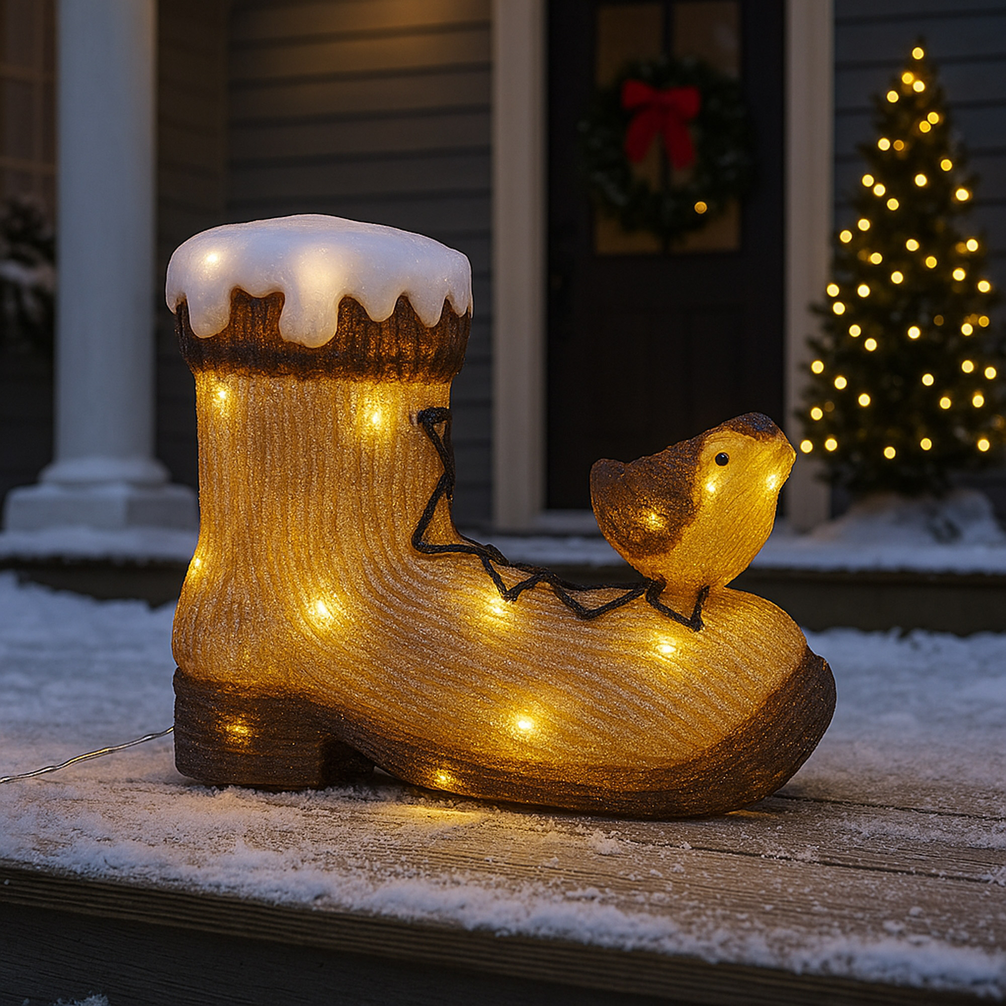 Una bota navideña iluminada con un pájaro en un porche. Una corona y un árbol están al fondo. La nieve cubre el porche y el suelo.