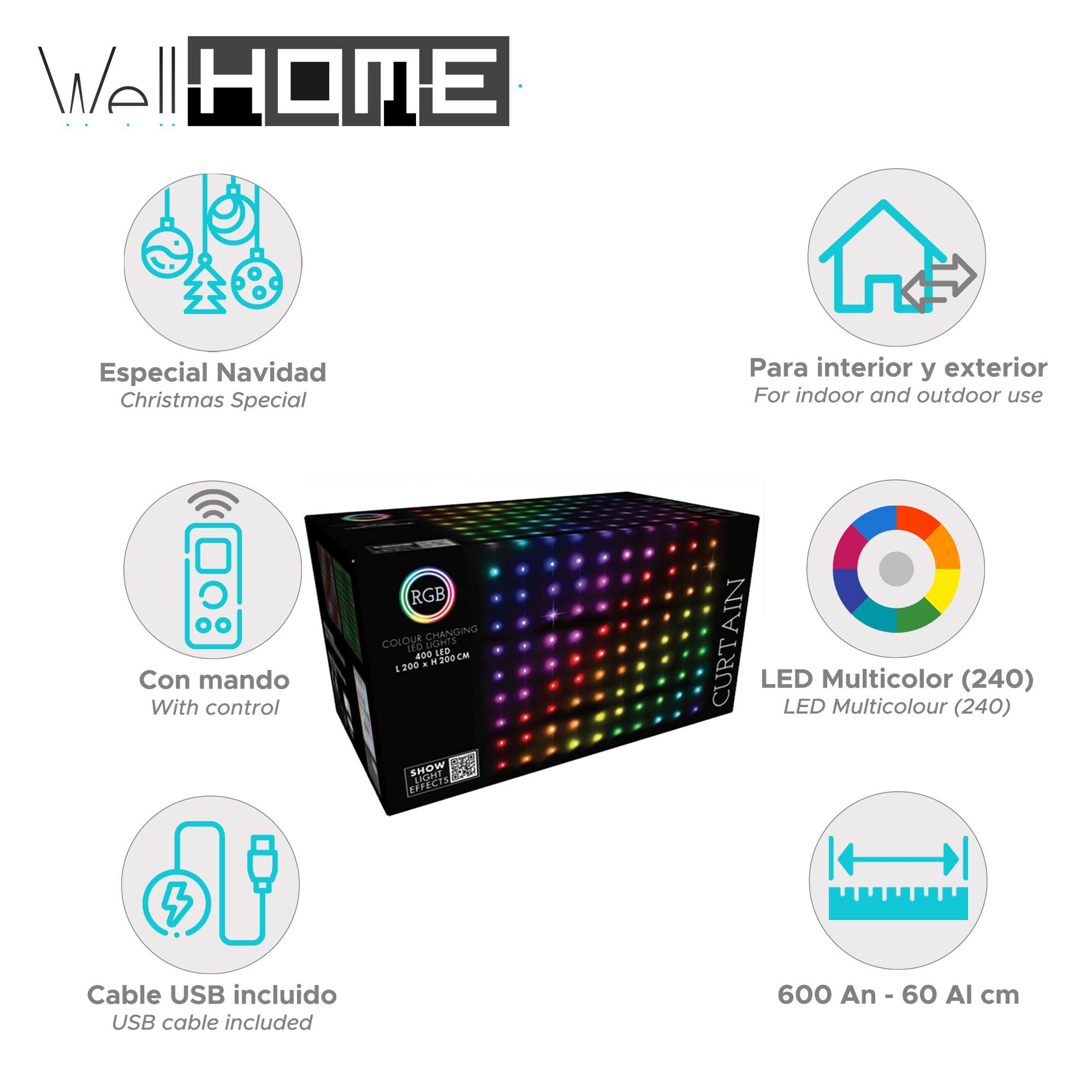Una caja que muestra luces LED RGB, con etiquetas de texto que indican características como cable USB, control remoto y especial de Navidad.