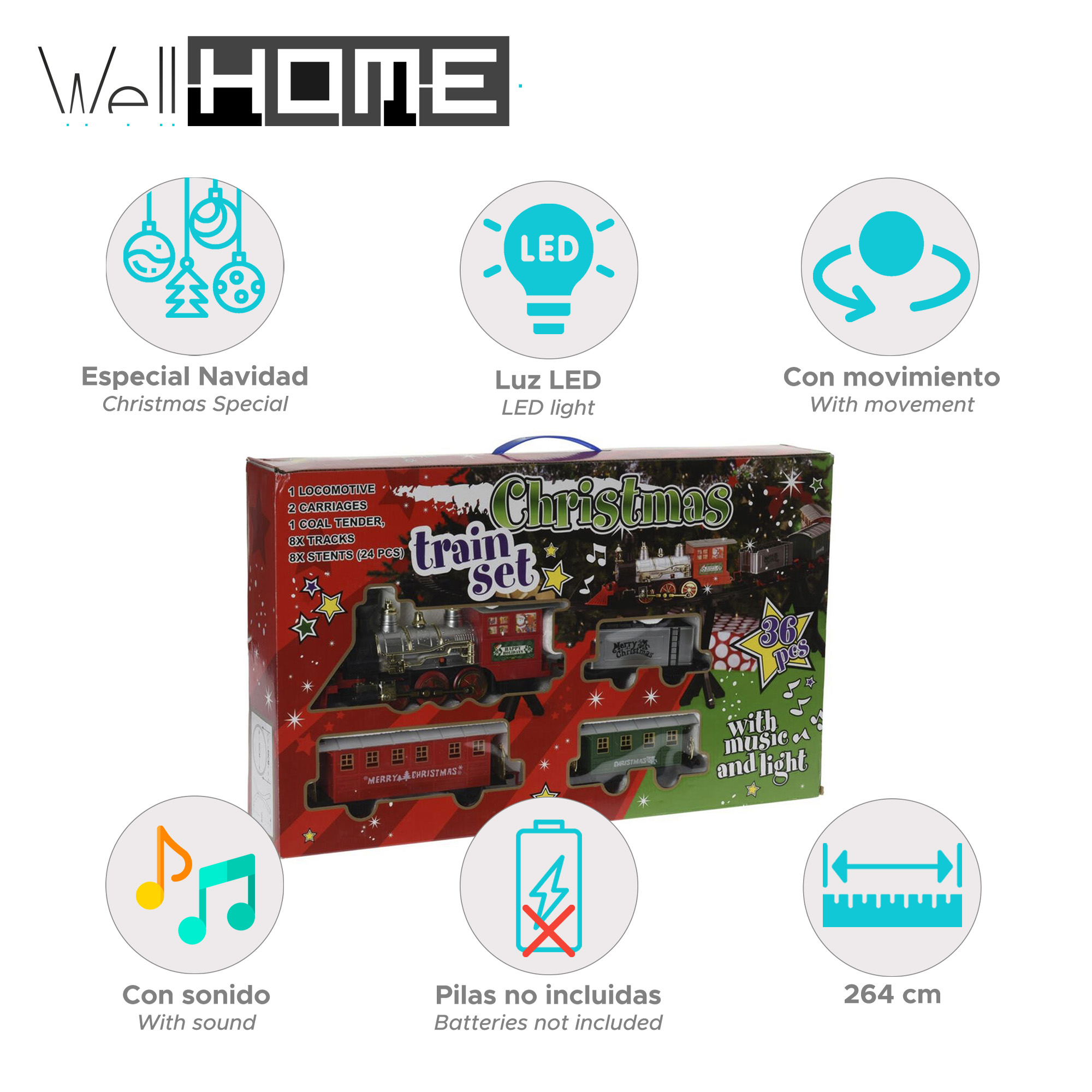 Caja del juego de tren navideño con un tren rojo. Incluye luces, música y una medida de 264 cm.