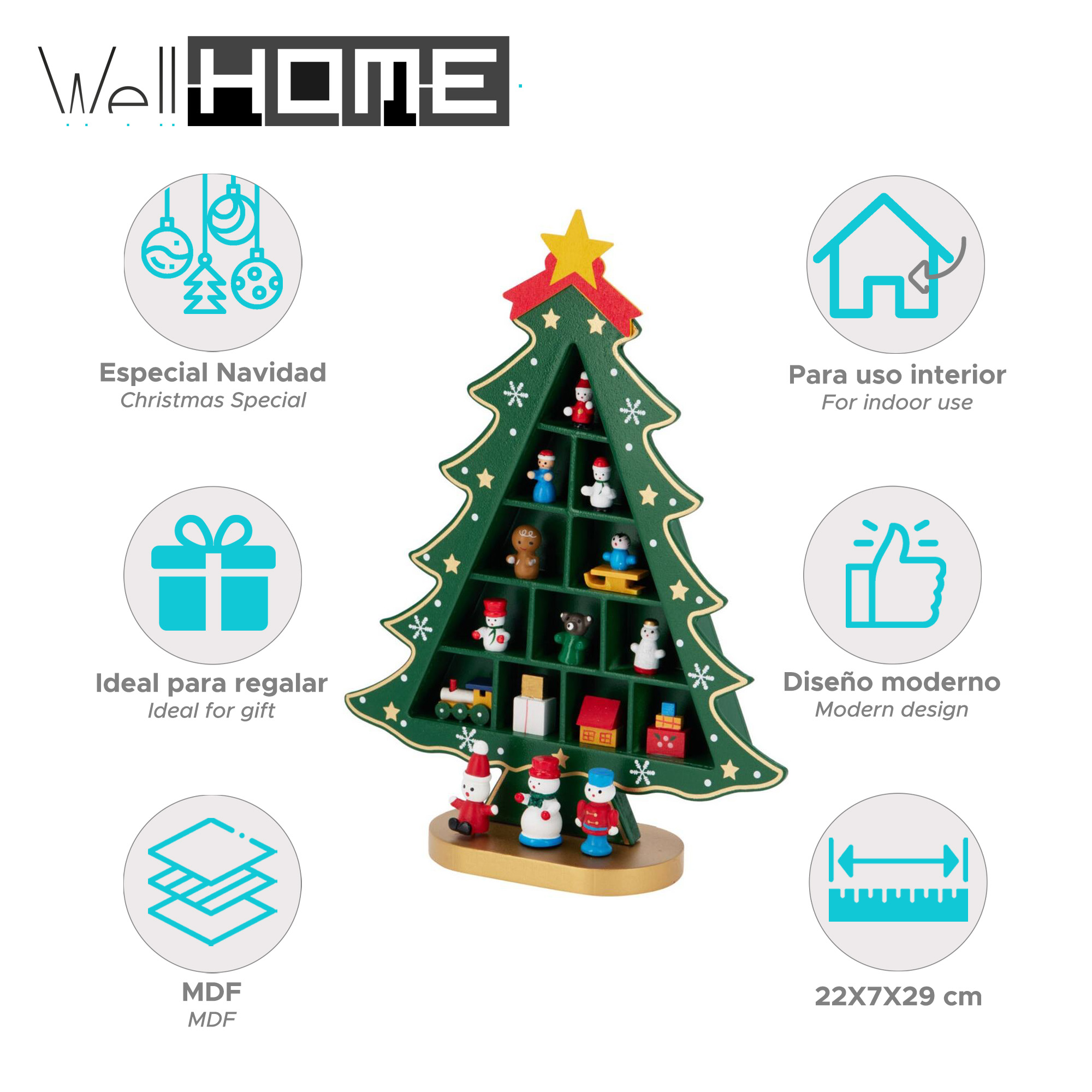 Un estante verde en forma de árbol de Navidad con juguetes en miniatura y una estrella. Rodeado de iconos y texto, 'Especial de Navidad'.