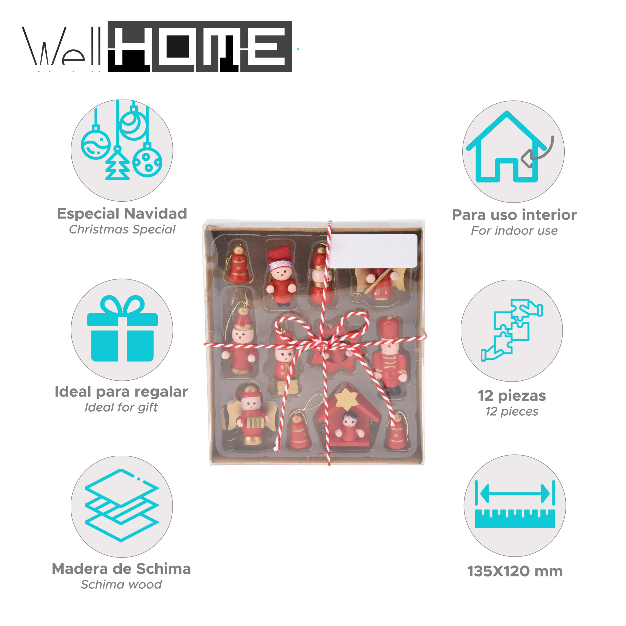 Juego de adornos navideños en una caja. Incluye pequeñas figuras de madera, una casa y otros elementos decorativos.