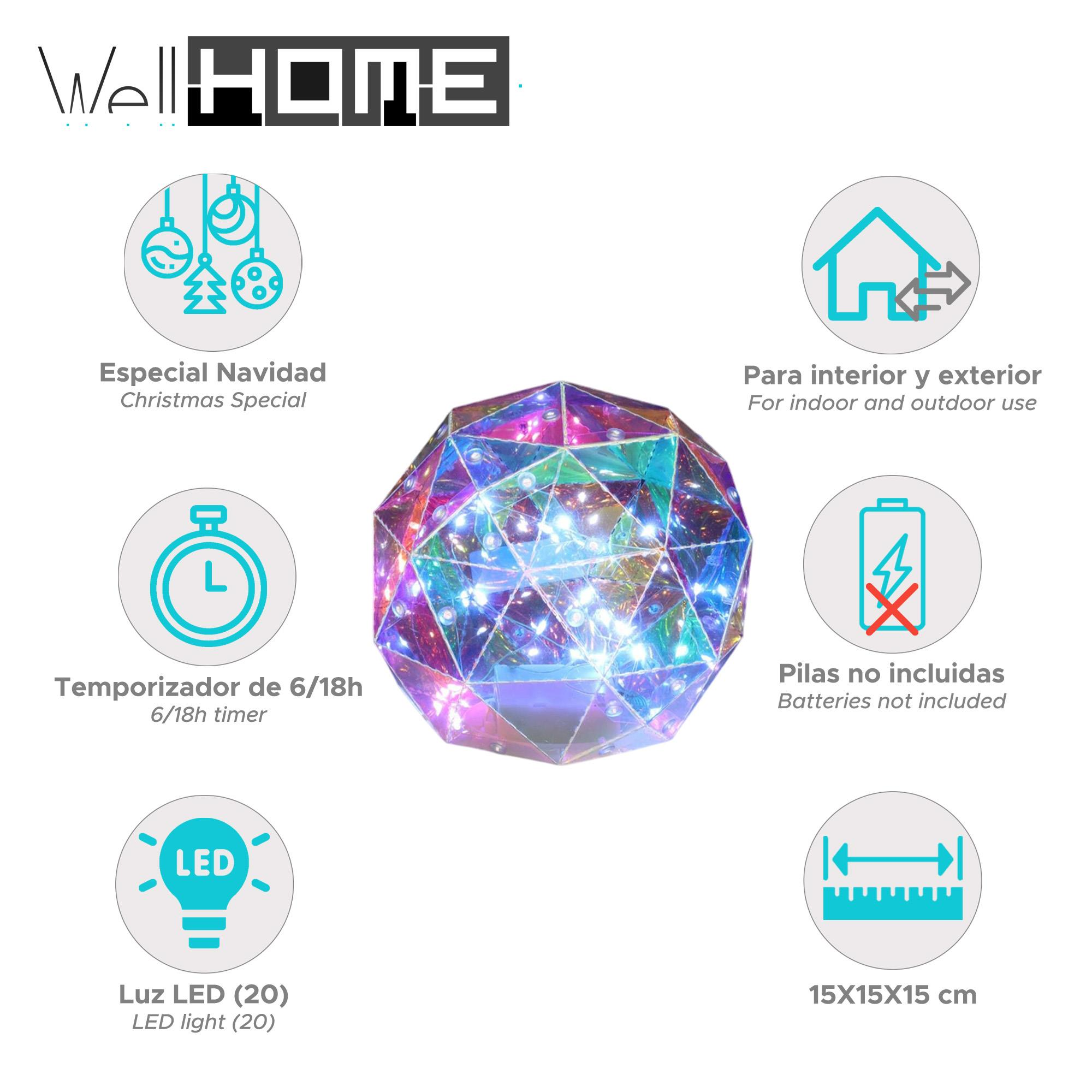 Una esfera multifacética iluminada está rodeada de iconos que describen características como temporizador, luz LED y especial de Navidad.