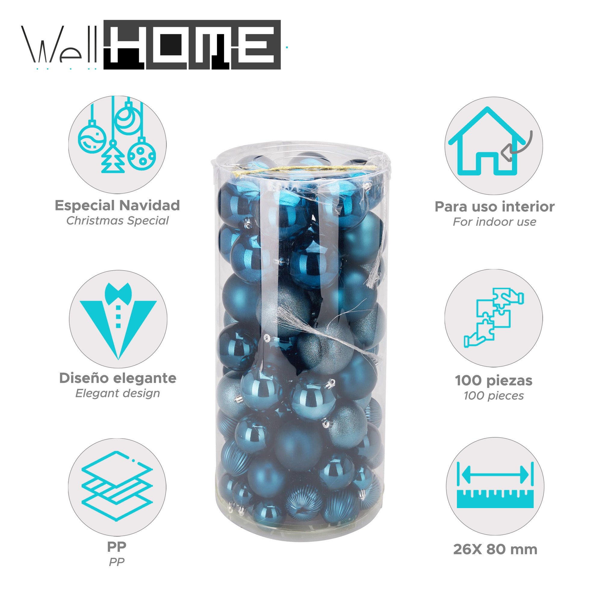 Un recipiente de plástico transparente con adornos navideños azules. Texto incluye 'Well Home', 'Especial Navidad' y '100 piezas'.