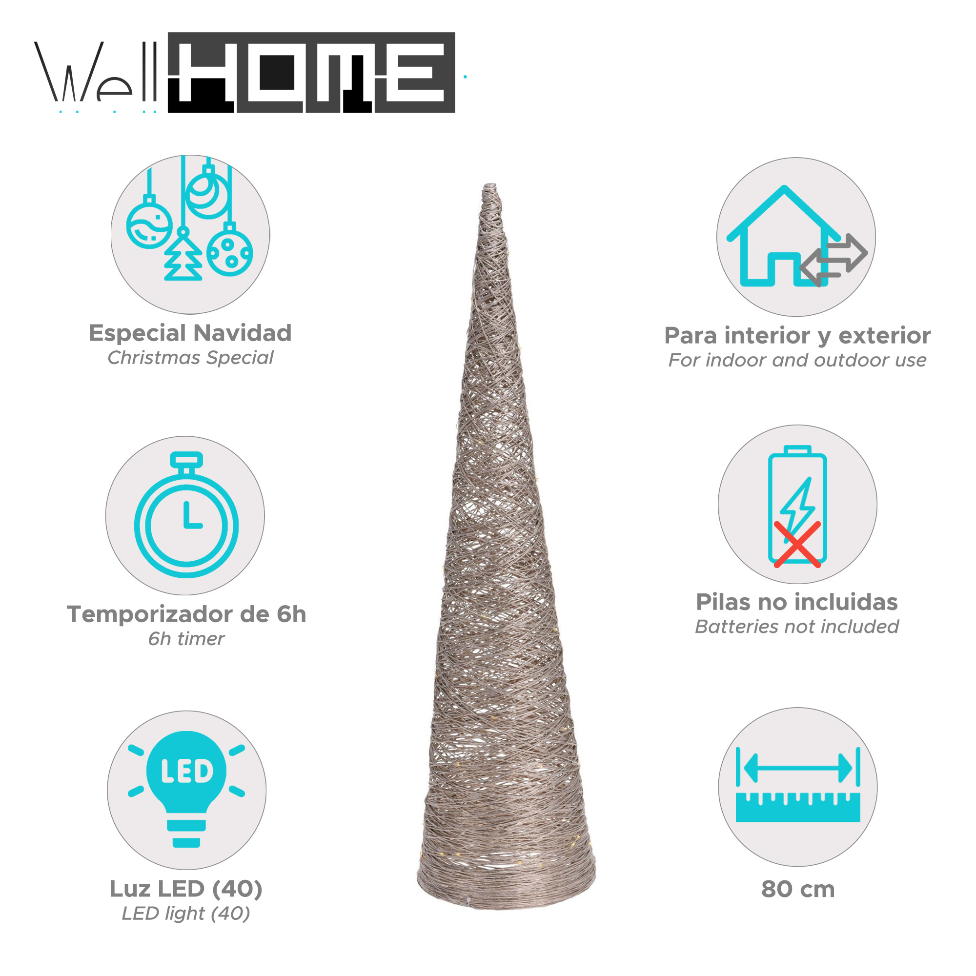 Un árbol de Navidad decorativo en forma de cono con luces LED. Características incluyen un temporizador de 6h y es apto para uso interior y exterior.